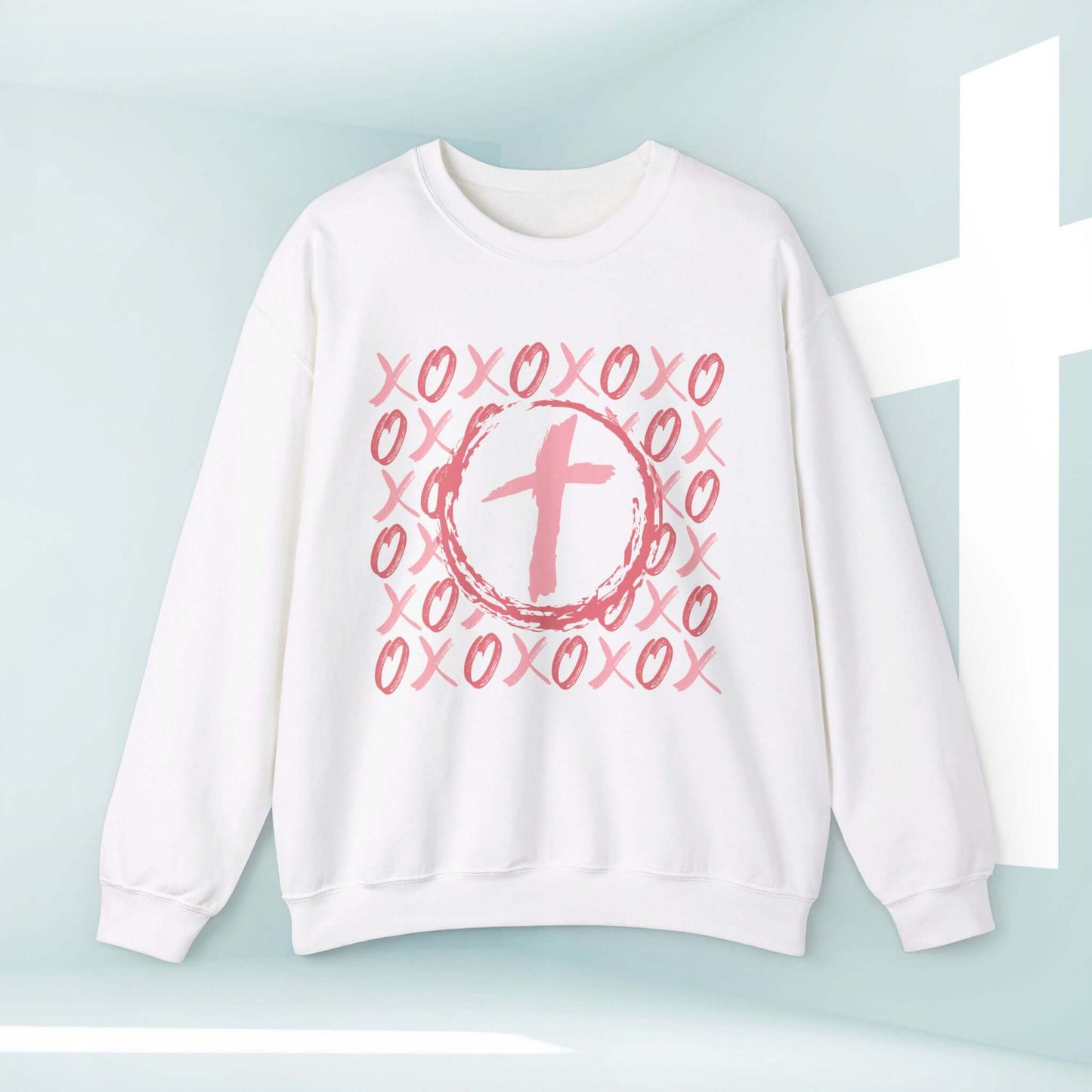 Christian wedding love sweatshirt with pink XOXO heart cross design, perfect for Valentine's Day, wedding, engagement, and anniversary gifts.