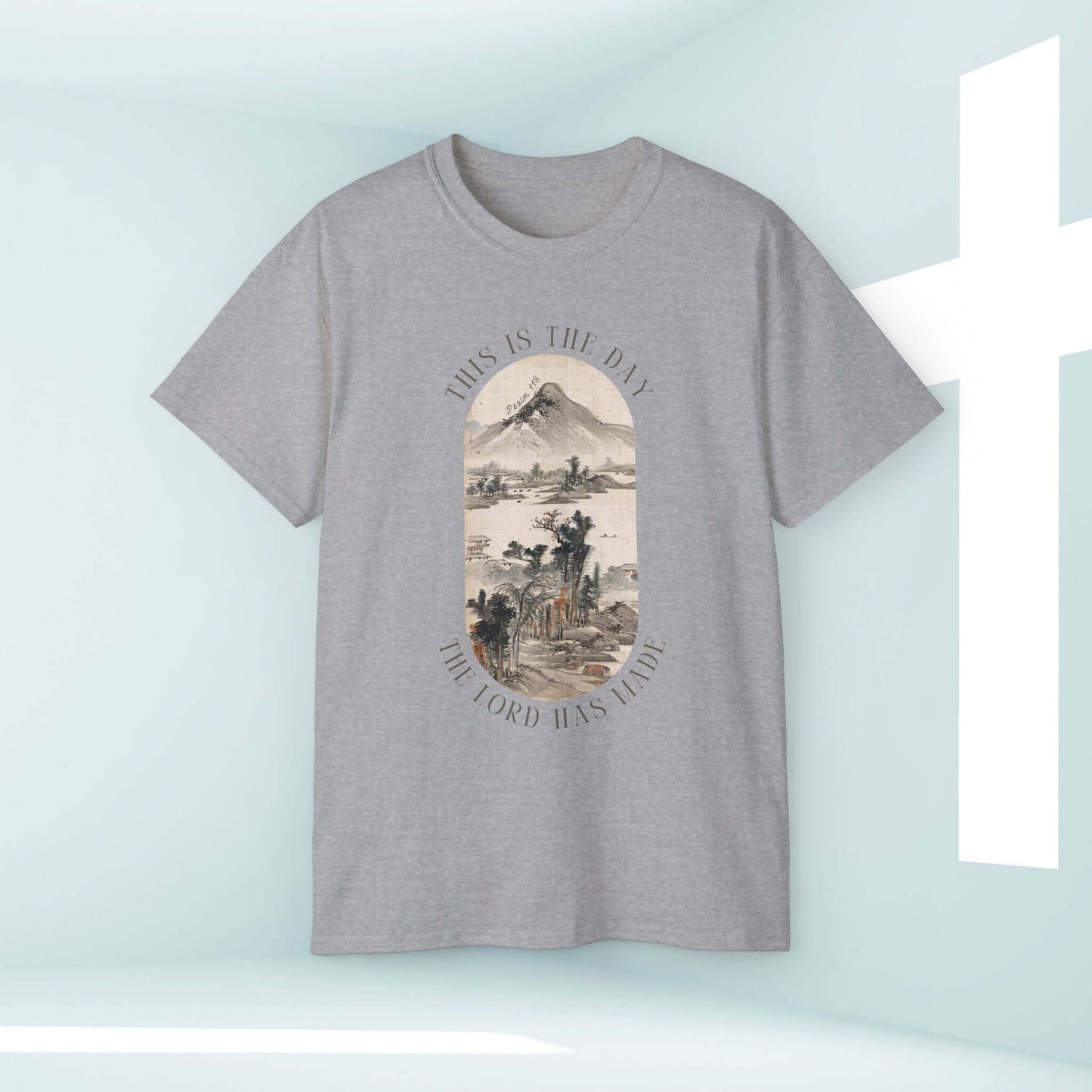 "This Is The Day The Lord Has Made" men's mountain nature camping Christian t-shirt, faith-based graphic design with mountain and nature scene