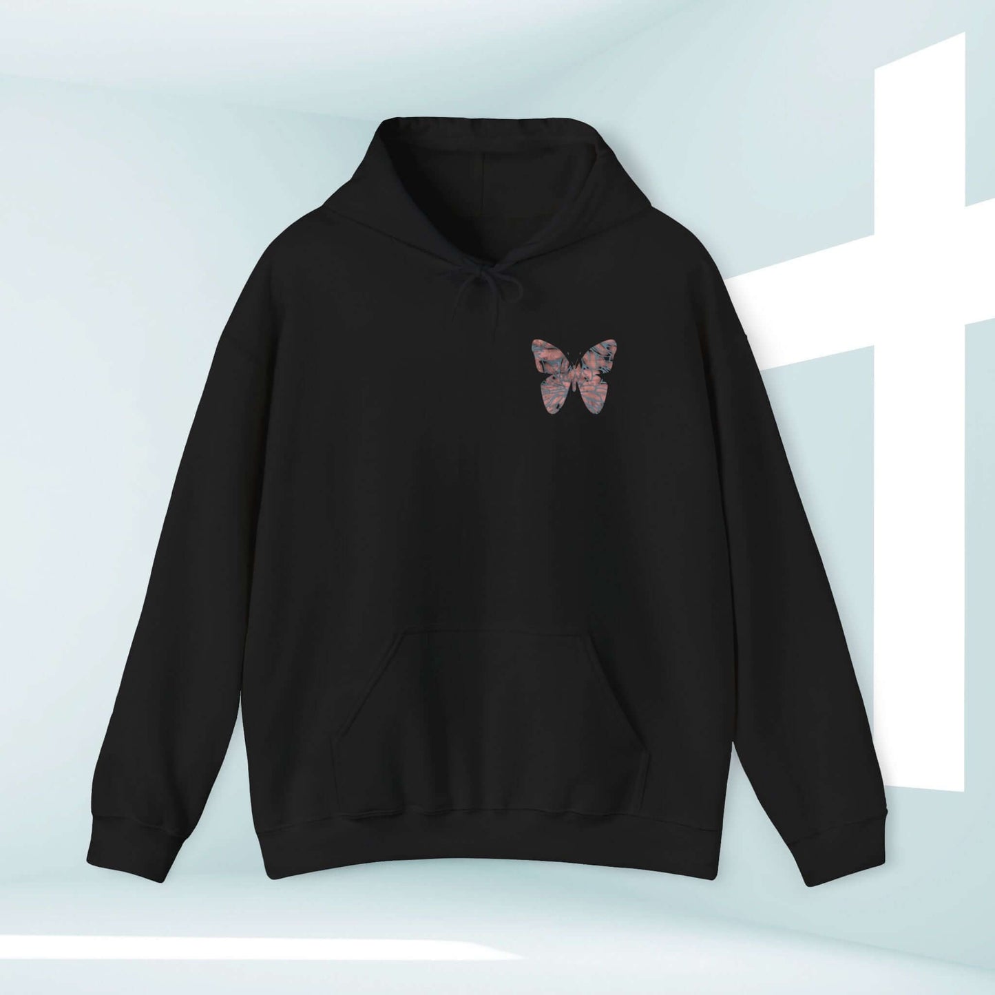 Black Butterfly Christian Hoodie with In Christ Is A New Creation design, faith-based inspirational religious sweatshirt for elevated faith.