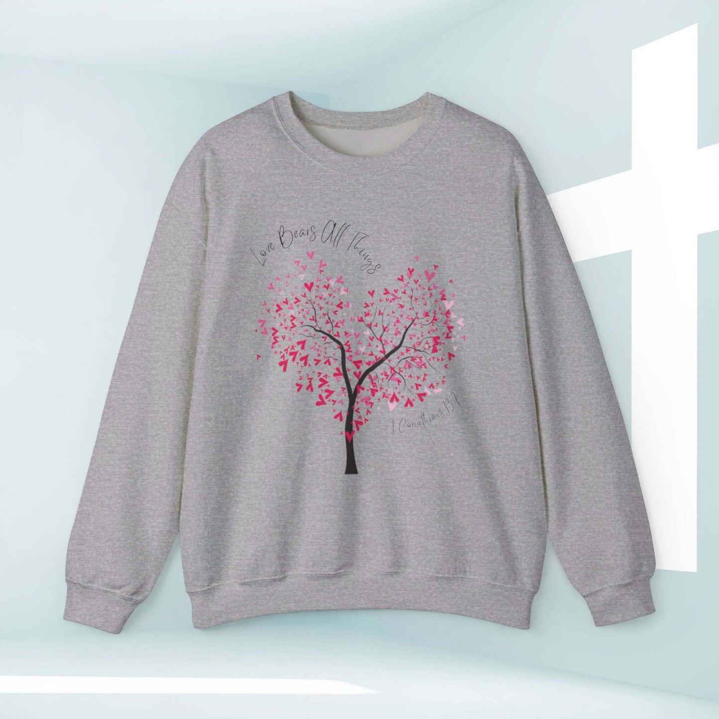 Love Bears All Things Christian wedding sweatshirt with heart tree graphic, perfect for Valentines Day, anniversaries, or as a faith-based gift.