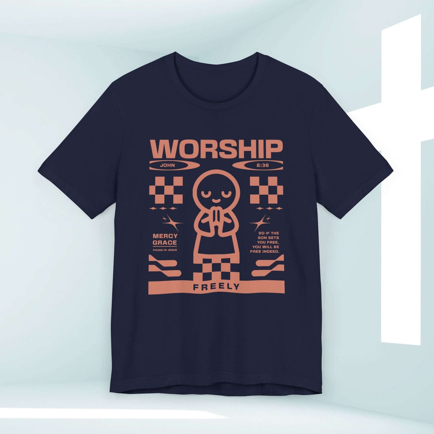 Navy blue Christian t-shirt with "Worship Freely" graphic, inspired by John 8:36, ideal for church, prayer, and spreading faith through apparel.