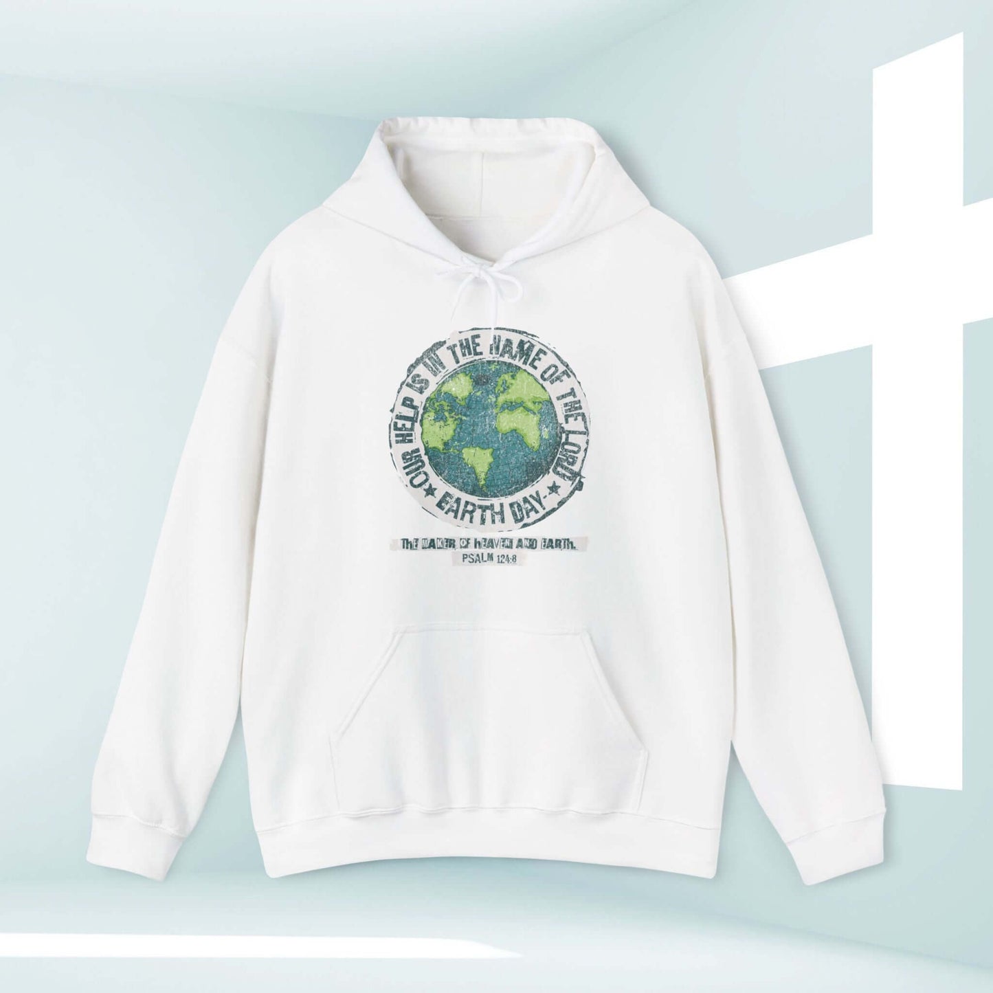 Christian Earth Day hoodie with Bible verse, promoting faith and love for the environment. White hooded sweatshirt with globe design.