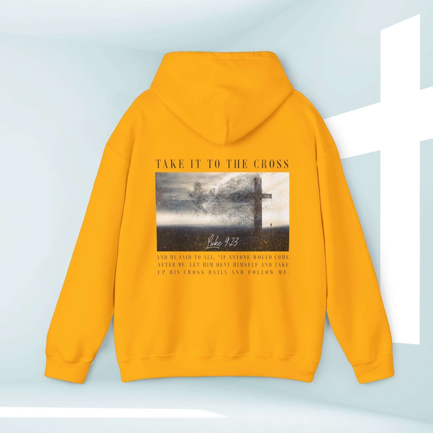 Yellow "Take It To The Cross" Christian hoodie with front and back religious graphics, featuring a Bible verse and cross, perfect for men and women.