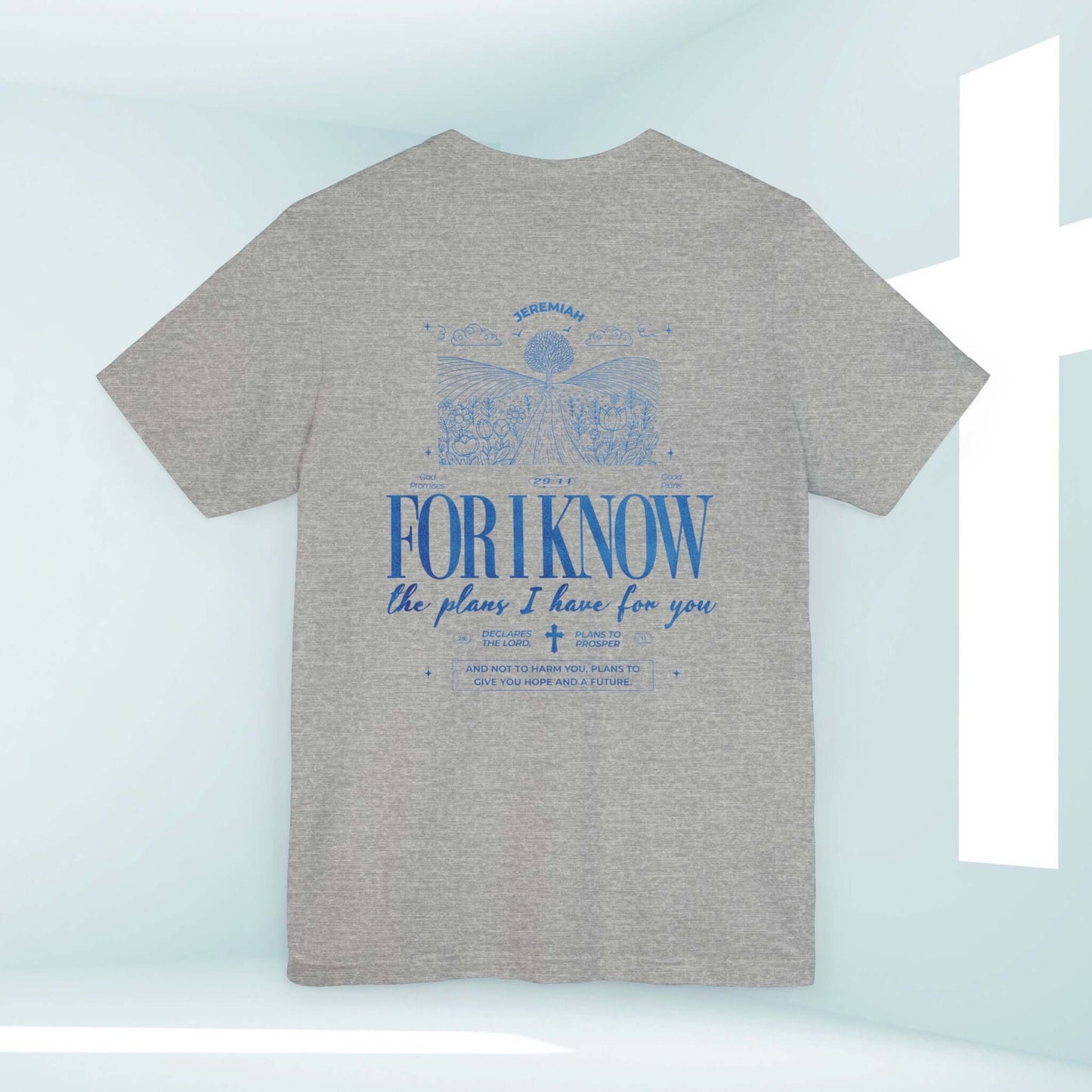 Gray Christian t-shirt with "For I Know the Plans" Bible verse, featuring nature and mountain graphics, perfect for camping and faith-based inspiration.