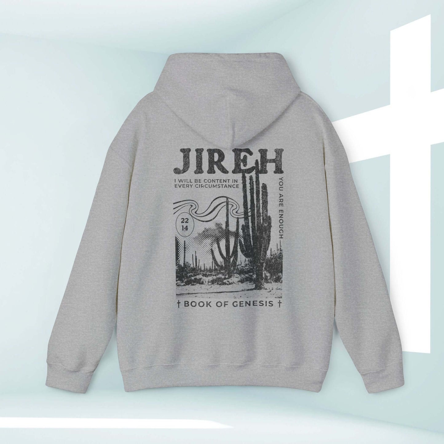 Grey Jireh boho Christian hoodie with cactus design and Bible verse from the Book of Genesis, inspirational and faith-based apparel