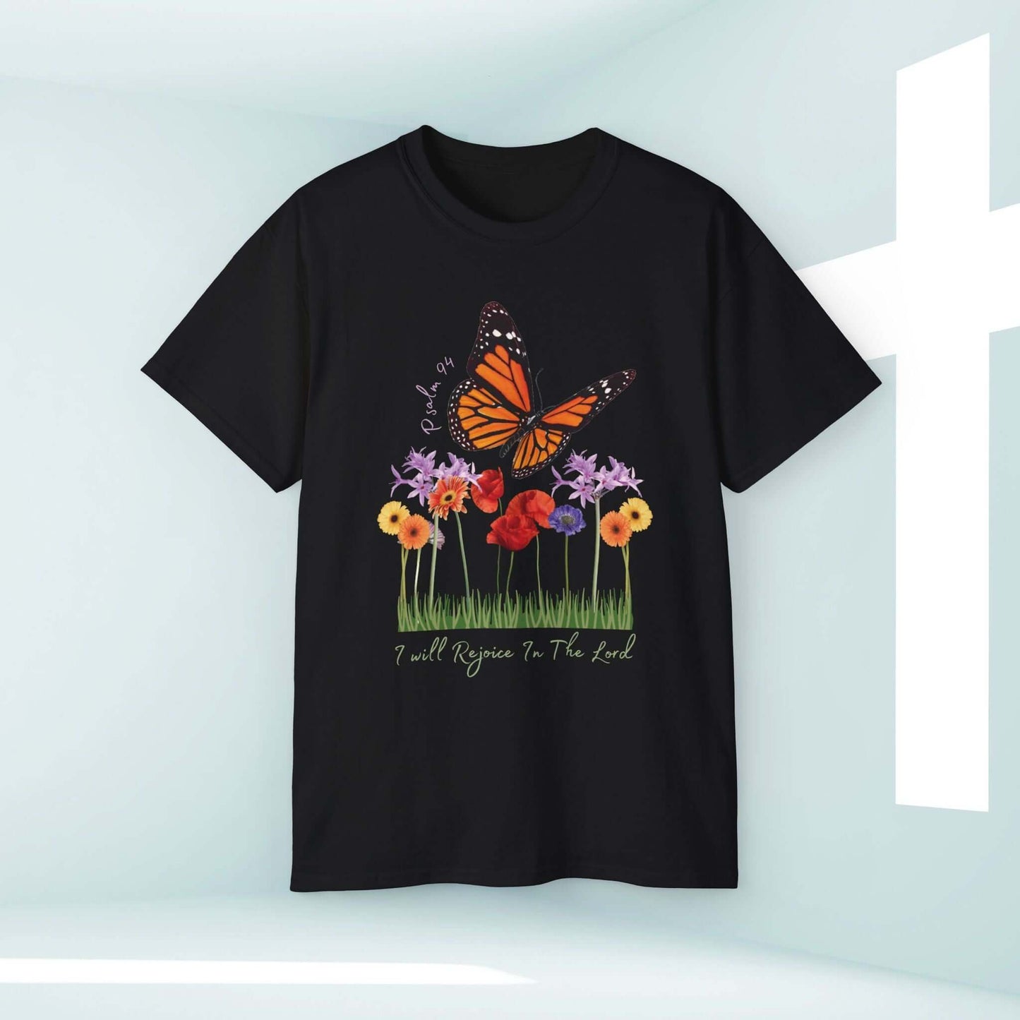 I Will Rejoice In The Lord Christian T-Shirt with Butterfly and Floral Design