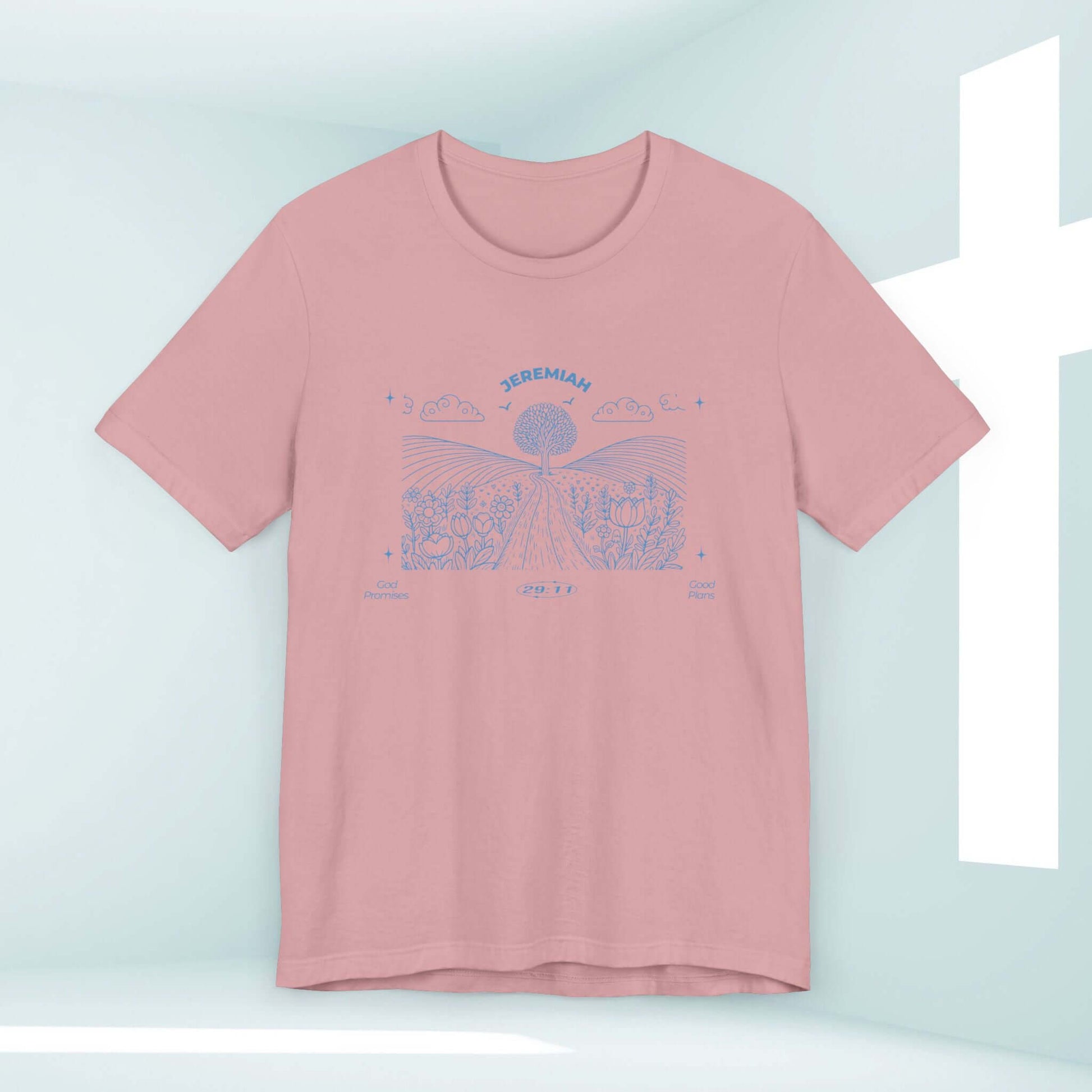 Pink Christian t-shirt with "For I Know The Plans" Bible verse graphic, featuring nature and camping design elements.