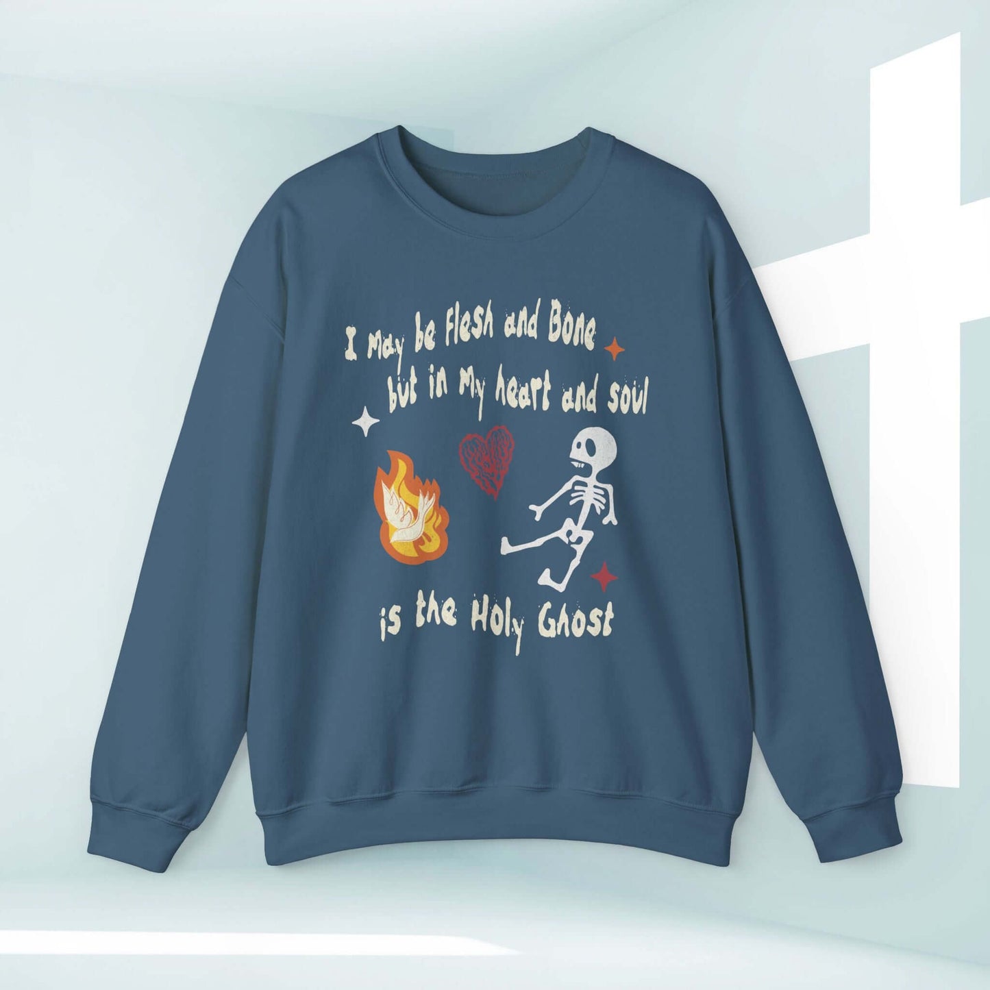 Christian Halloween sweatshirt with "Holy Ghost" text, dancing skeleton, and heart design; perfect faith-based Halloween apparel.