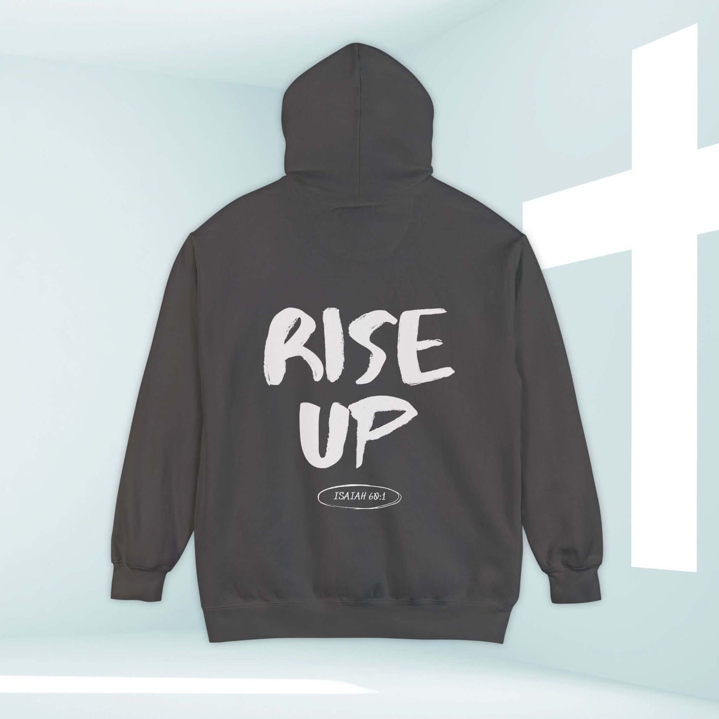 Rise Up Christian hooded sweatshirt with Bible verse "Isaiah 60:1" design, faith-based black hoodie for church and inspirational gatherings.