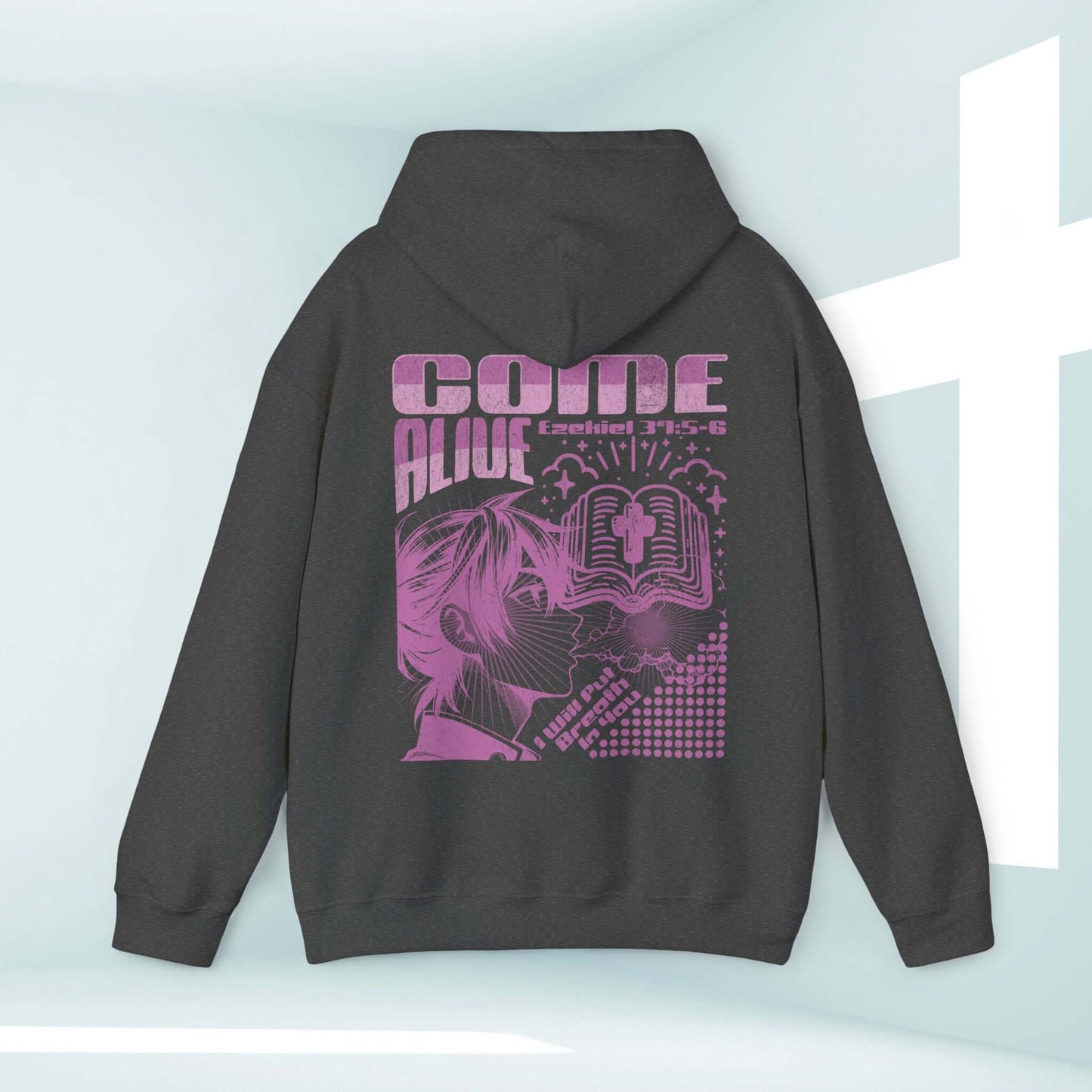 Christian hoodie with 'Come Alive' Bible verse graphic design, inspirational faith-based streetwear, pullover hooded sweatshirt.