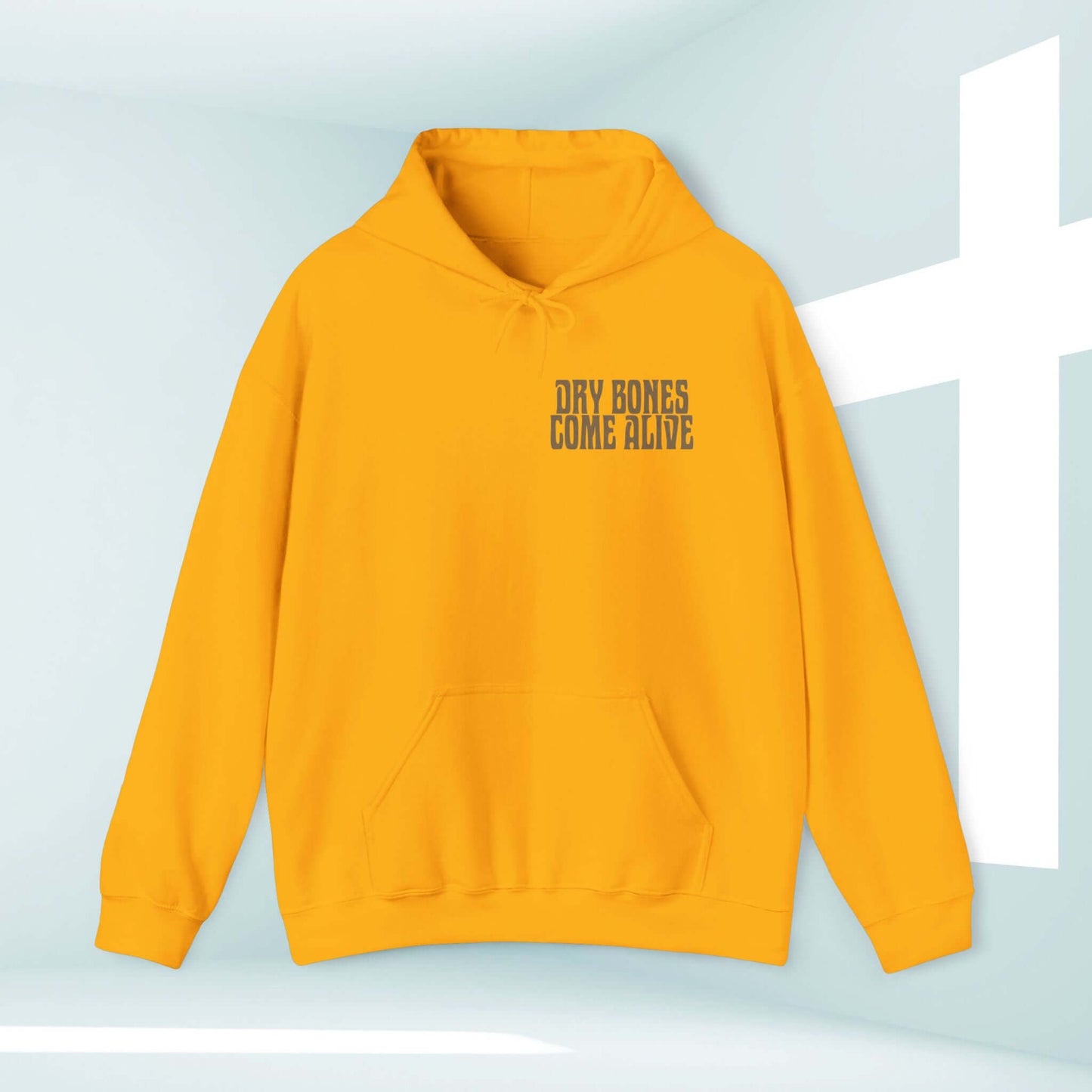 Christian Halloween hoodie with "Dry Bones Come Alive" design, vibrant yellow sweatshirt in faith-inspired skeleton theme.