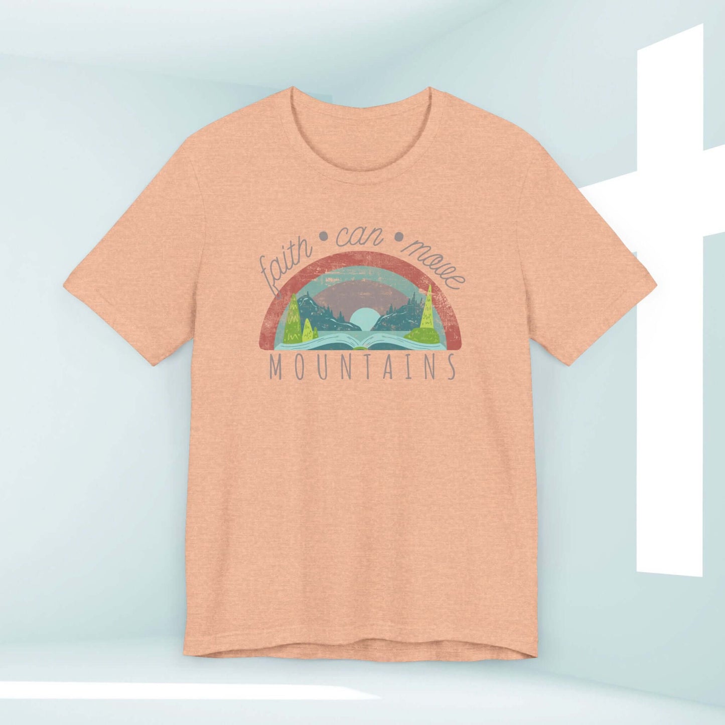 "Faith Can Move Mountains Women's Christian Rainbow T-Shirt, Jesus Tee with Inspiring Religious Message and Stylish Design"