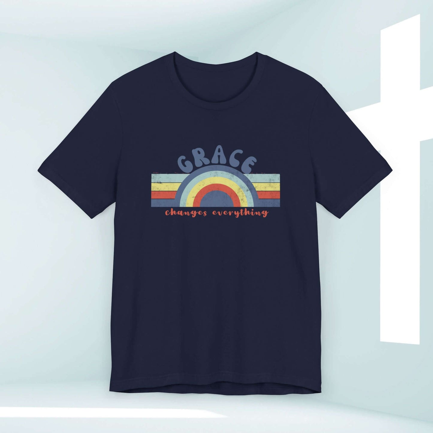 Retro Grace Changes Everything Women's Christian T-Shirt with Rainbow Graphic, Faith-Based Inspirational Tee.