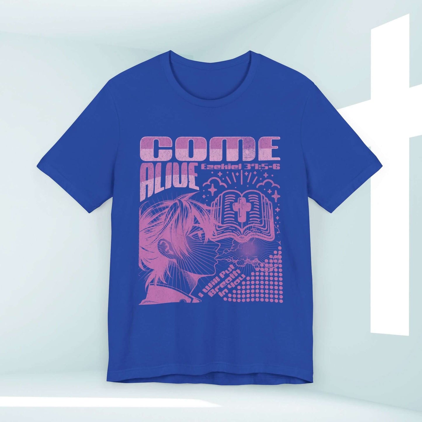 Come Alive Christian shirt, faith-based graphic tee with inspirational Bible verse in blue, perfect Christian streetwear