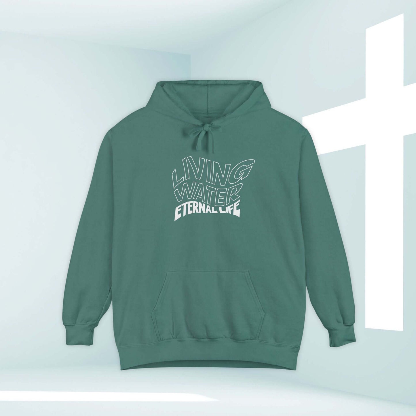 Living Water Eternal Life Christian hoodie with Bible verse, inspirational faith-based green hooded sweatshirt, perfect baptism gift