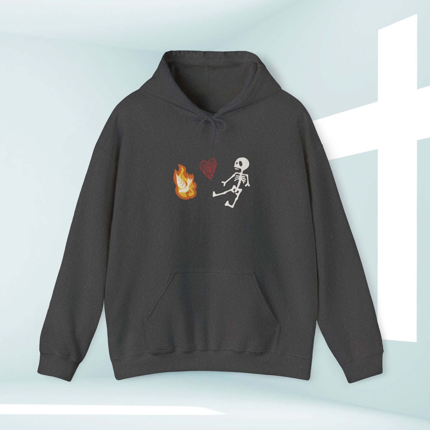 Christian Halloween hoodie with dancing skeleton and flame, Bible verse design, perfect Halloween faith gift