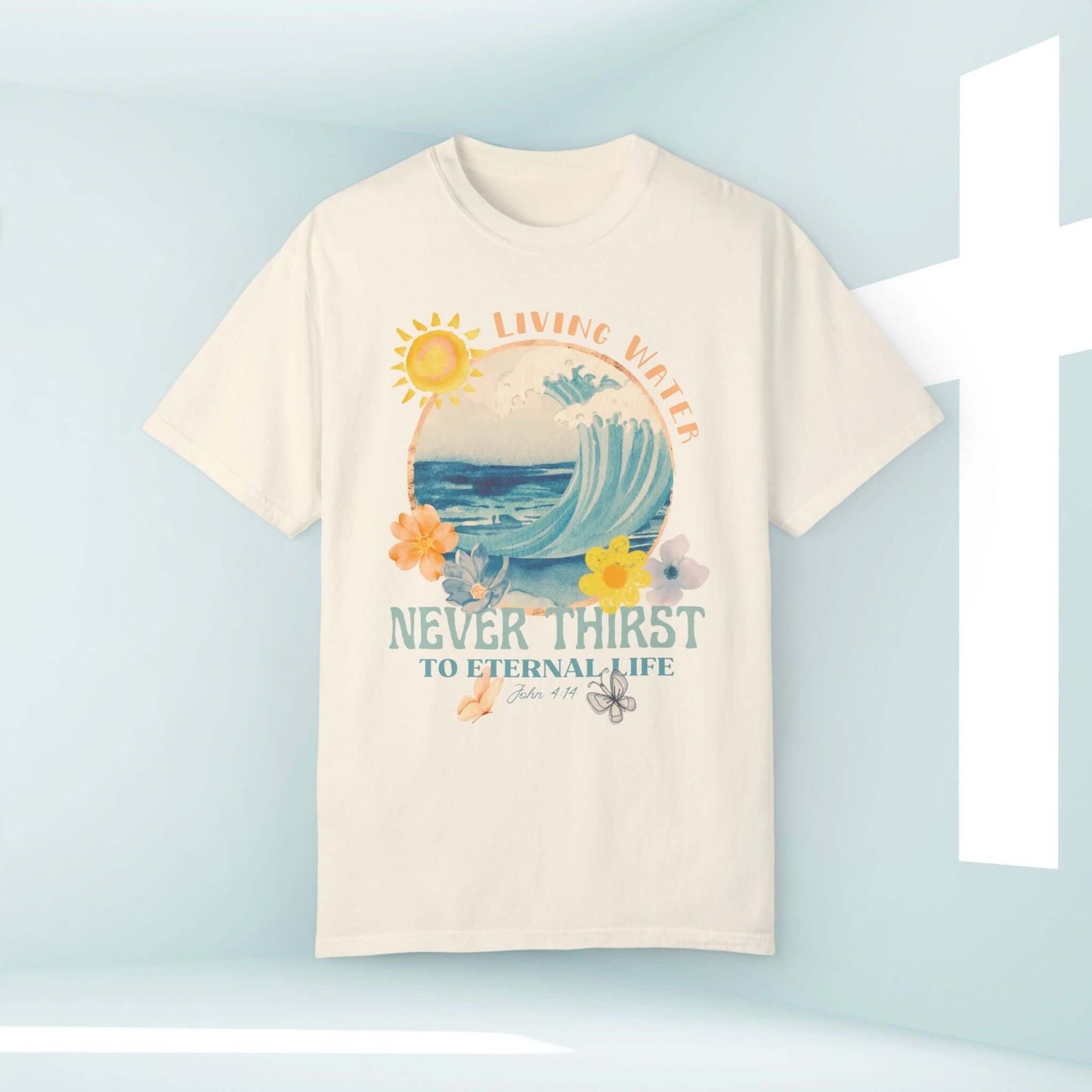 Living Water beach t-shirt with Bible verse design featuring wave, sun, and flowers, perfect for Christian summer outings and faith inspiration.