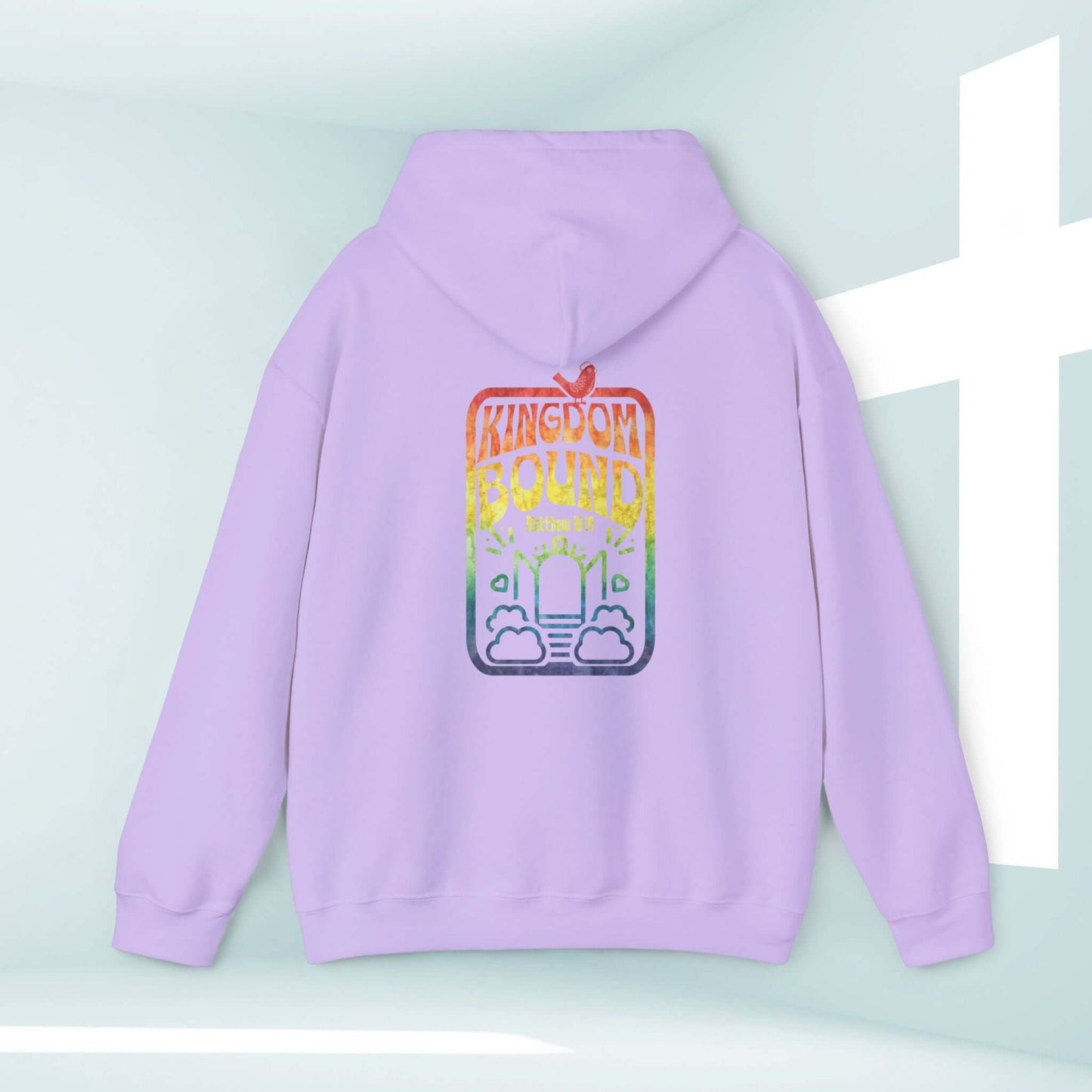 Kingdom Bound faith-based Christian hoodie with colorful Bible verse graphic, inspirational and boho style sweatshirt for concert or daily wear