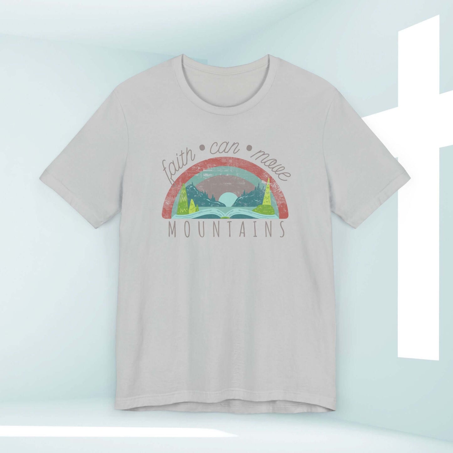 Faith Can Move Mountains women's Christian rainbow t-shirt, Jesus tee shirt in light gray with inspirational design and bible verse