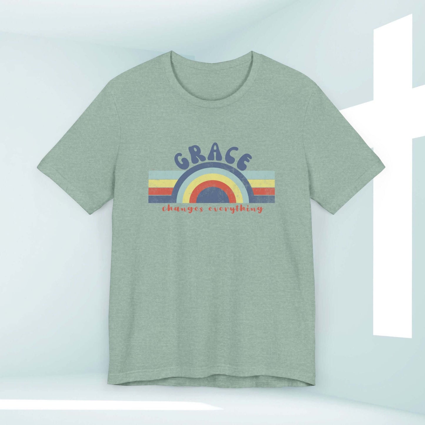 Retro Grace Changes Everything Women's Christian T-Shirt with Faith-Based Graphic and Uplifting Message in Green, Inspirational Christian Tee