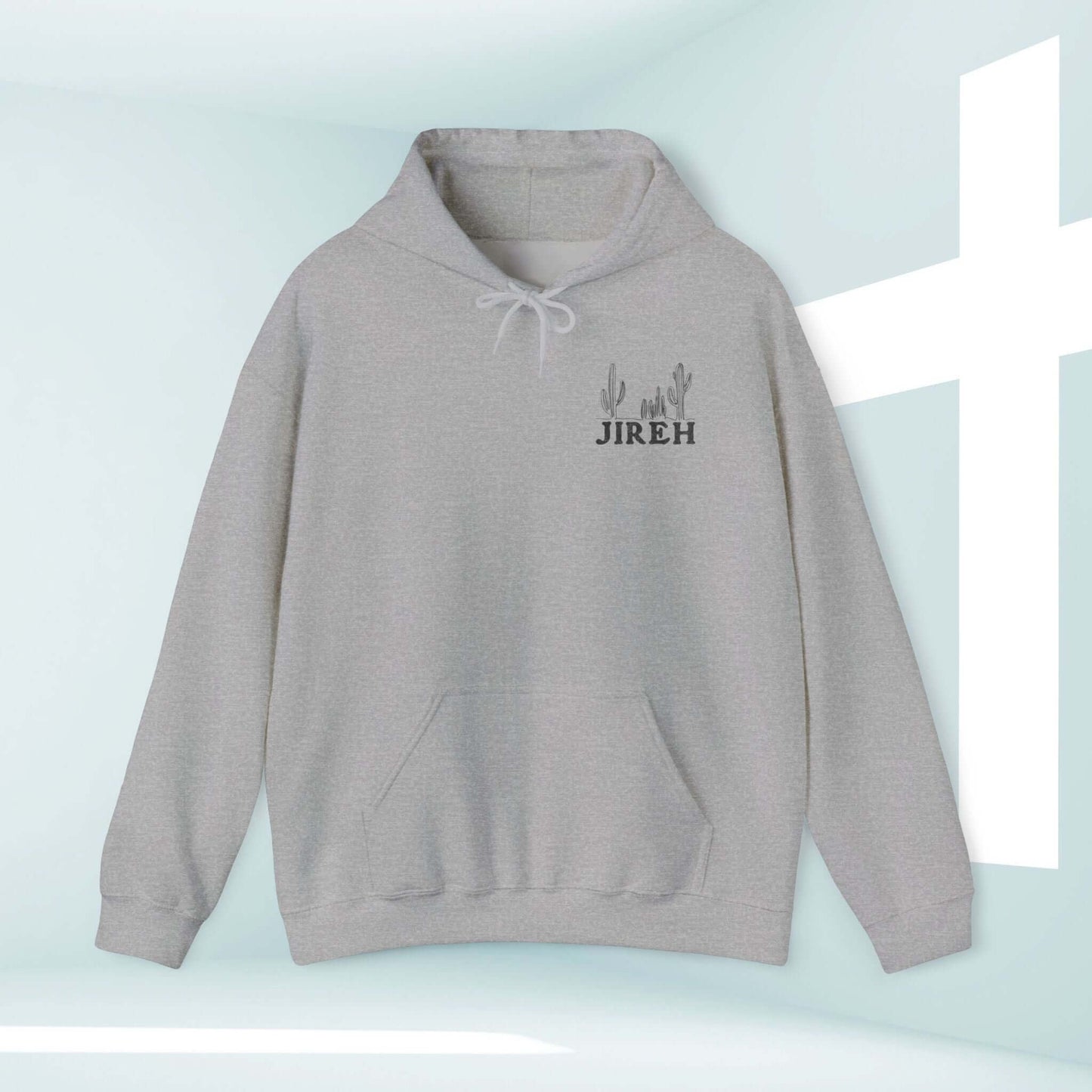 Jireh boho Christian hoodie with cactus design, grey hooded sweatshirt featuring Jesus and Bible verse inspiration in a faith-based apparel style