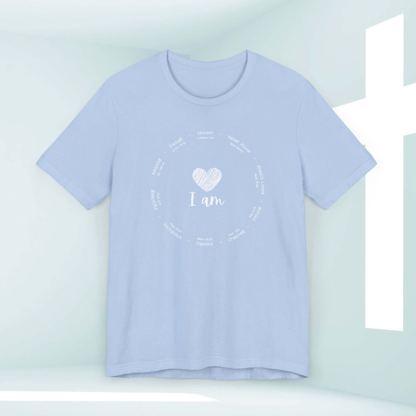 Light blue I Am Inspiration Shirt with Bible Verse, Women's Christian Tees featuring affirmations like I am amazing, I am enough, I am chosen.