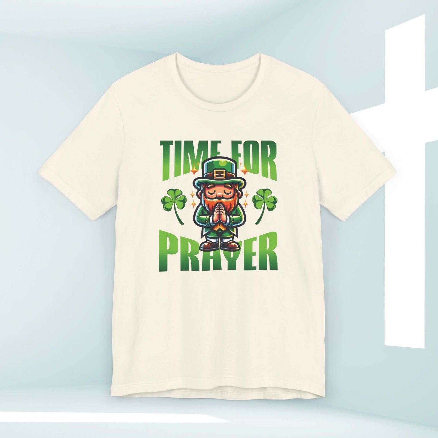 St Patrick's Day Christian Shirt with Praying Leprechaun and Shamrocks for Faith-Based Celebrations