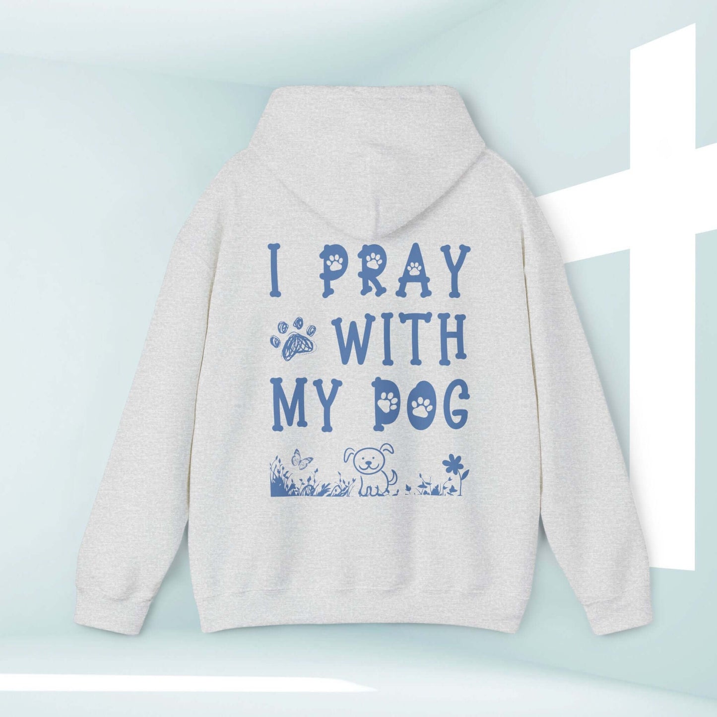 Christian hoodie with "I Pray With My Dog" text and animal graphics, perfect trendy gift for dog lovers and faith-filled dog moms.