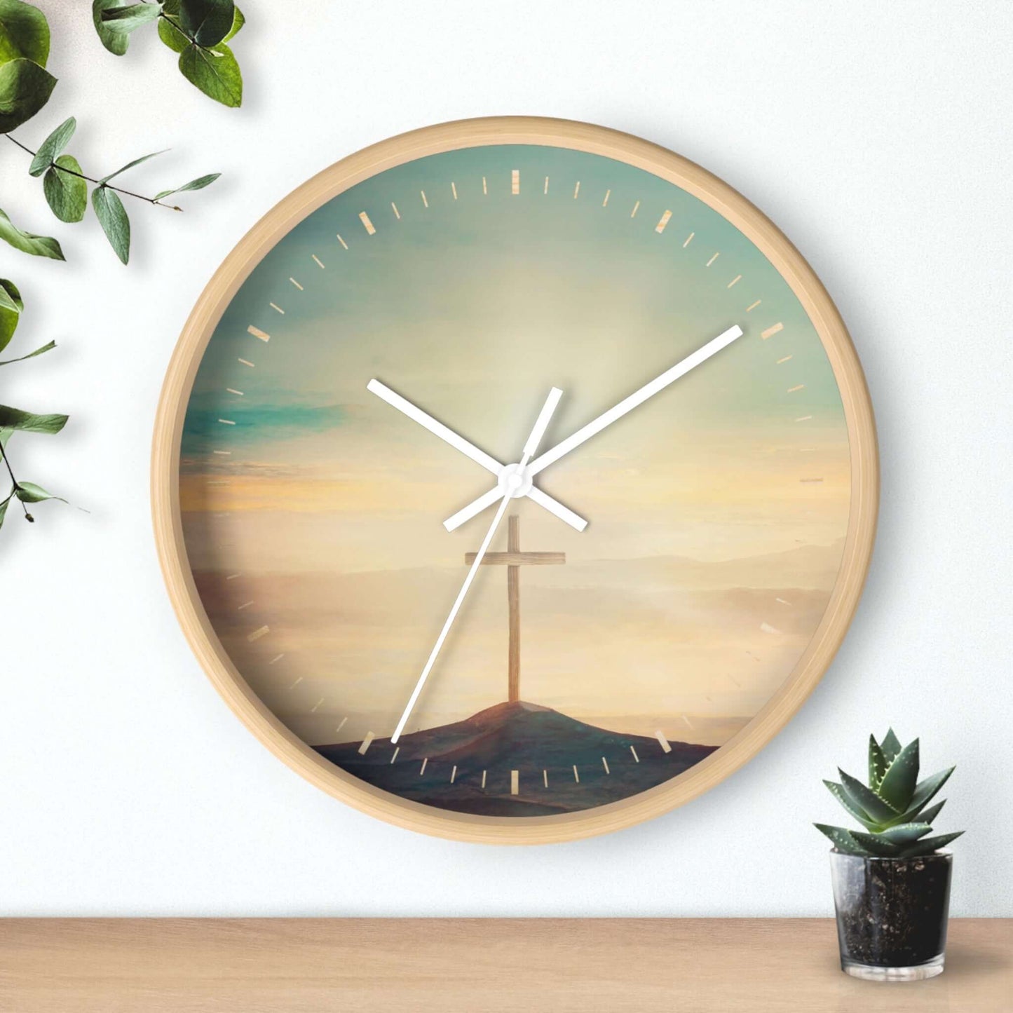 Beautiful Sky Christian Cross Wall Clock in Wooden Frame, Christian Art for Religious Home Decor, Psalm 19:1, Faith-Based Inspirational Gift