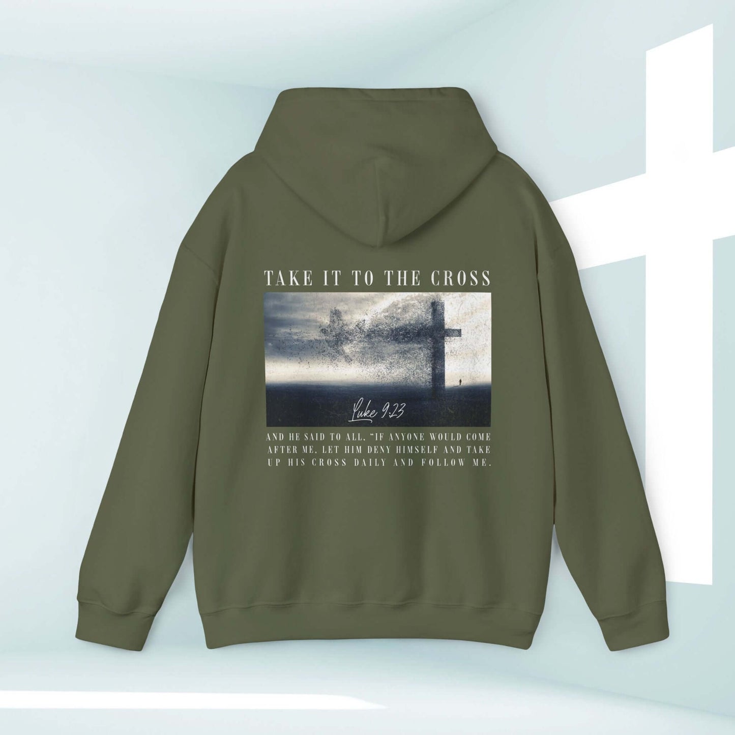 Take It To The Cross Christian hoodie with religious graphic, bible verse, and cross on the back in olive green color.