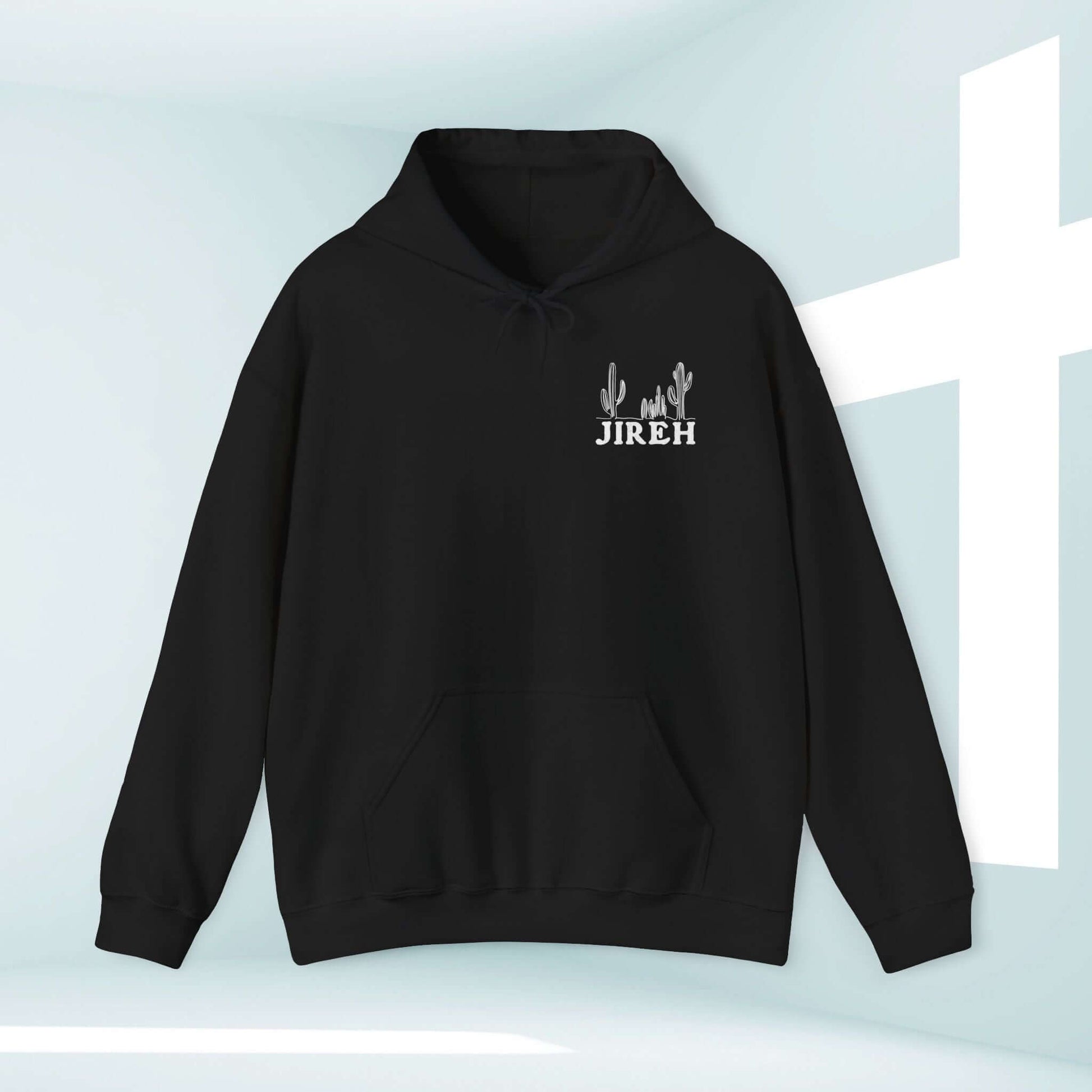 Jireh Christian boho hoodie with cactus design, black hooded sweatshirt, faith-based inspirational pullover, Jesus religious apparel