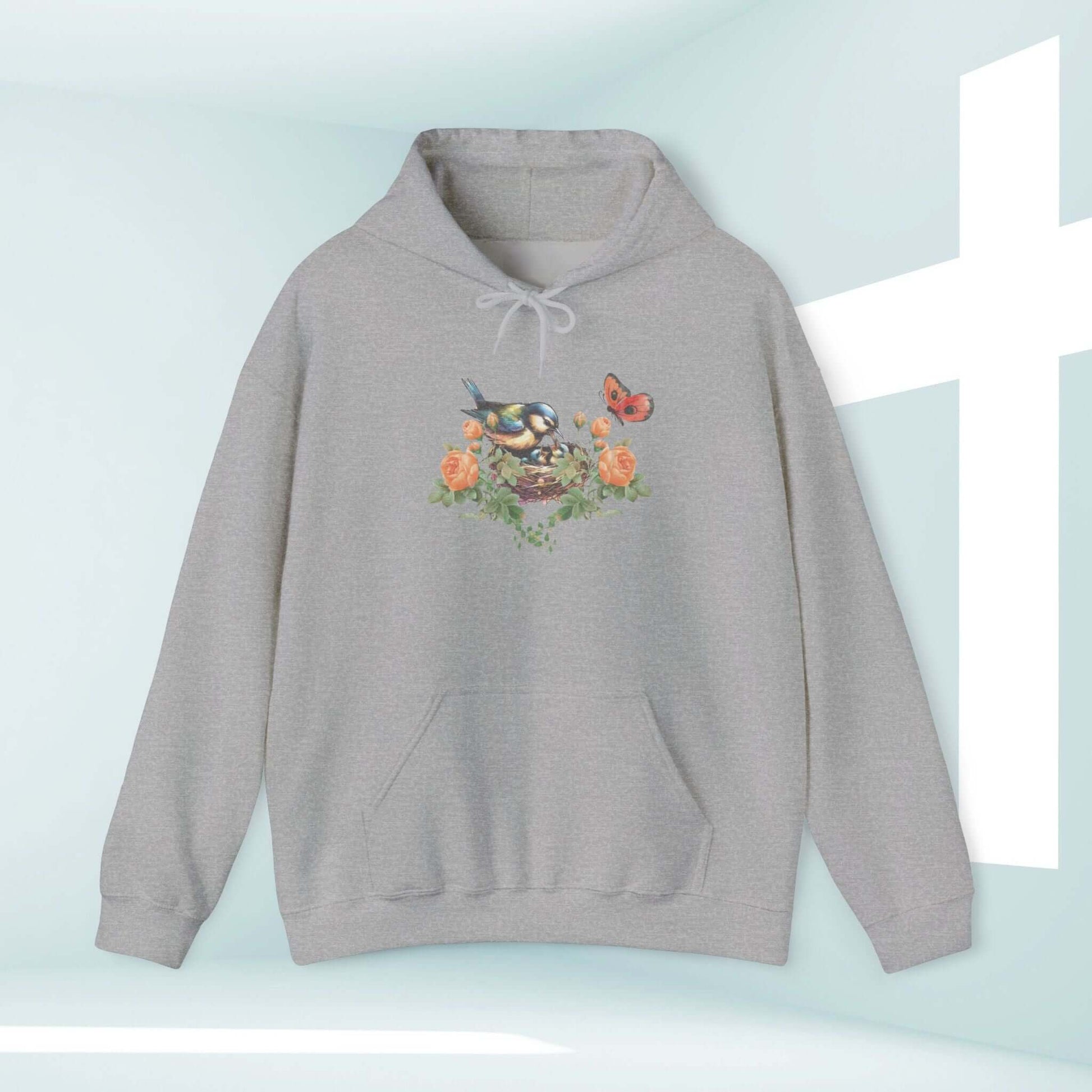 Bird Butterfly Christian Hoodie, Floral Hooded Sweatshirt Jesus Shirt perfect for Mother's Day gift, featuring a bird, butterfly, and flowers.