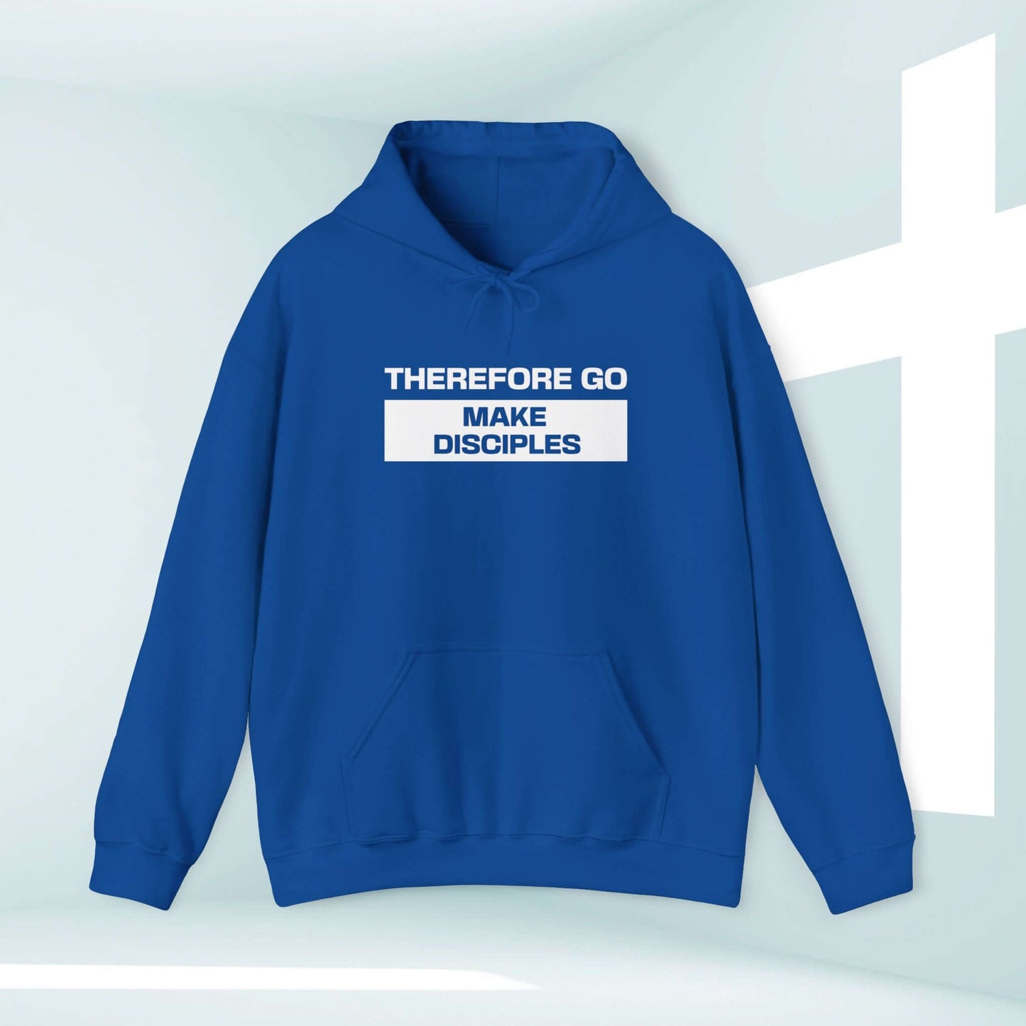 Therefore Go And Make Disciples Bible Verse Christian Hoodie in Blue with White Text