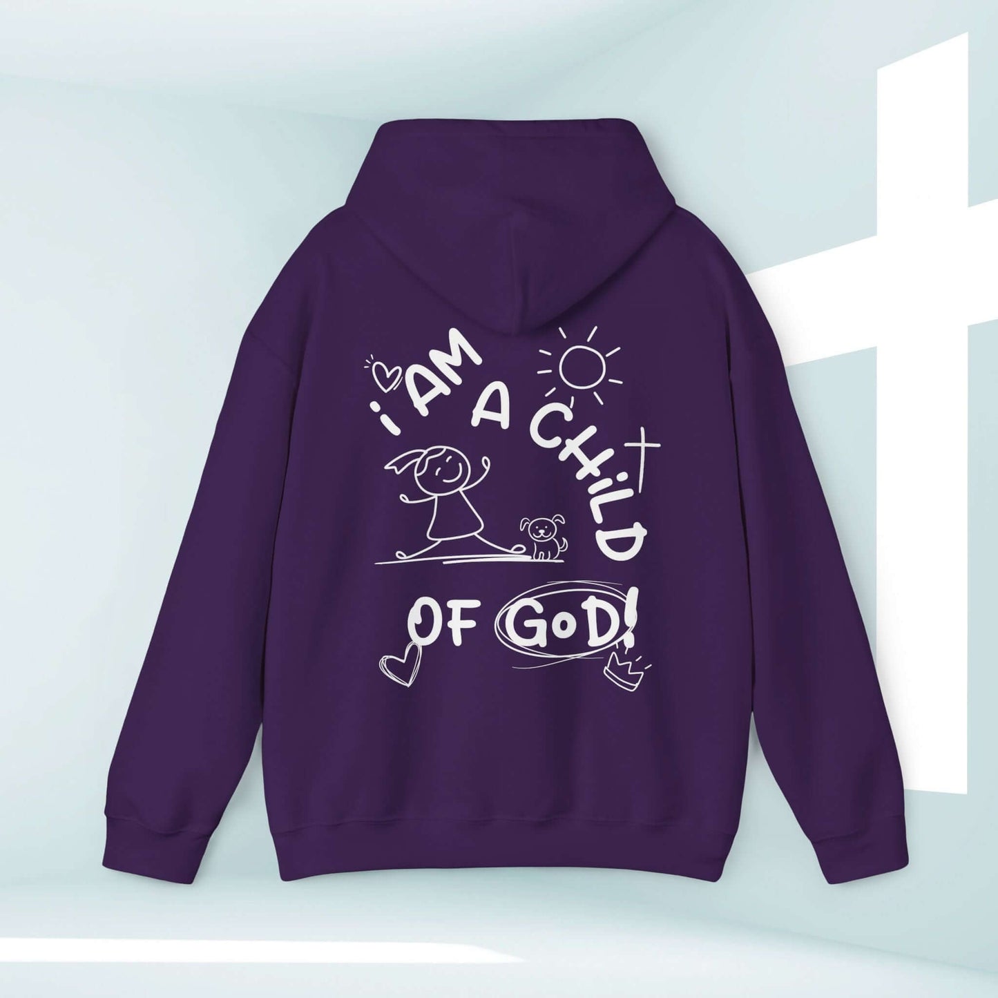 Purple "I Am A Child Of God" hoodie with dog graphic, Christian apparel featuring faith-inspired design, perfect for religious and inspirational wear.