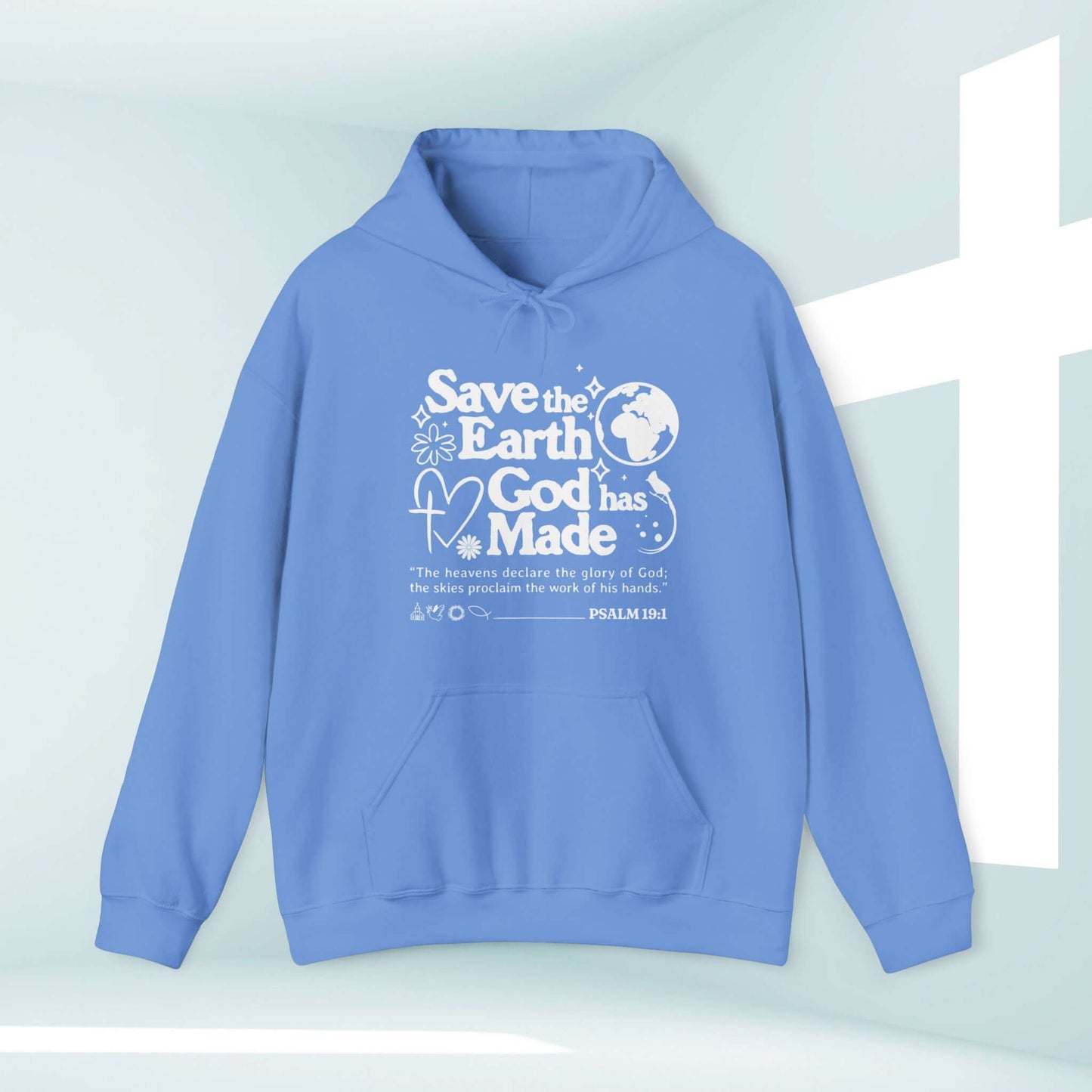 Save the Earth Day Christian hoodie with Bible verse design, inspirational faith-based pullover in blue.