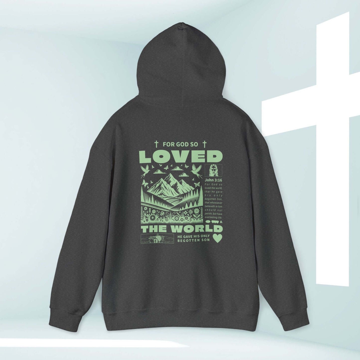 Trendy Christian hoodie with John 3:16 "For God So Loved The World" bible verse and detailed design on the back, emphasizing faith and gospel message.