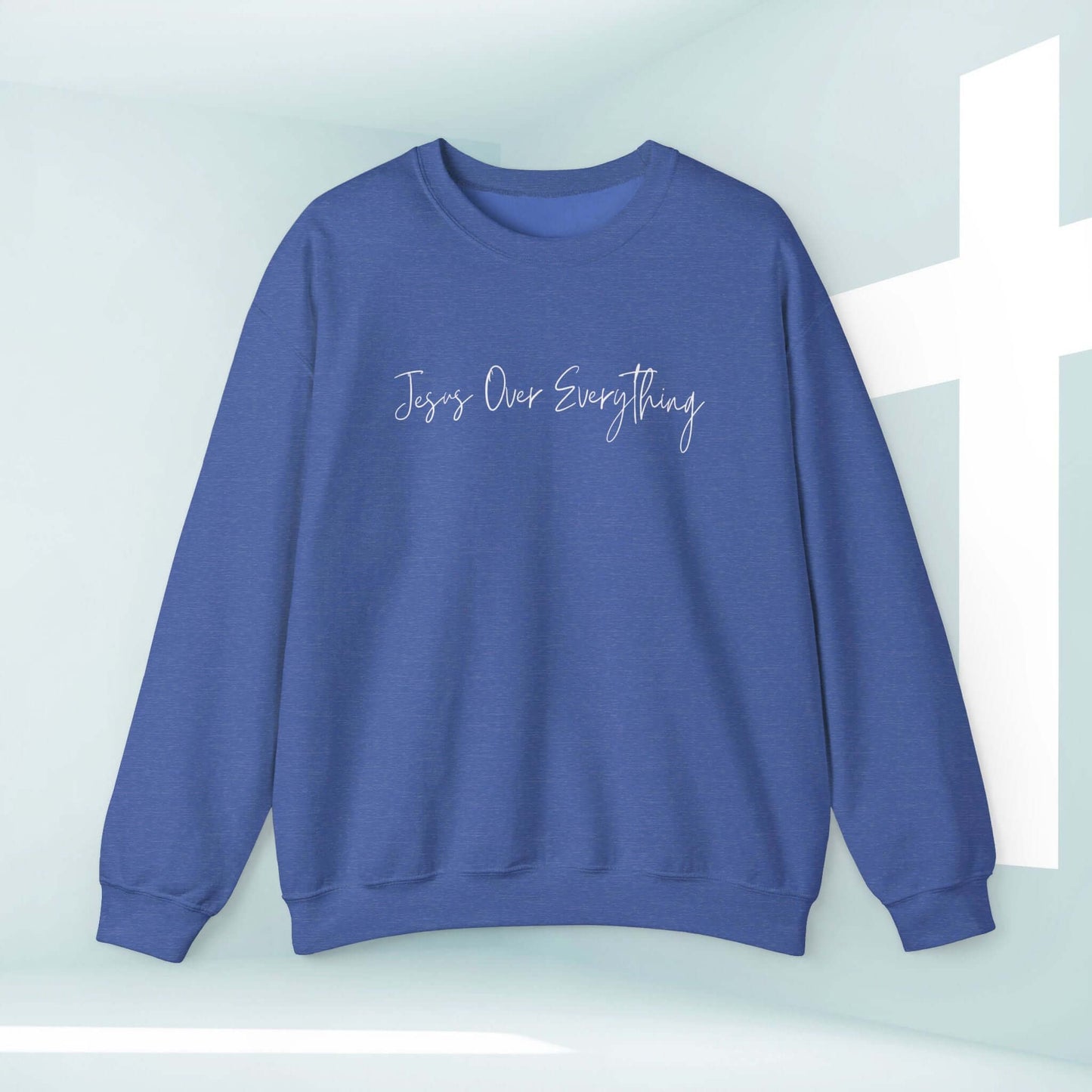 Jesus Over Everything Cross On Back Sweatshirt in Blue - Faith Apparel, Christian Sweater with Bible Verse, Inspirational Crewneck Shirt