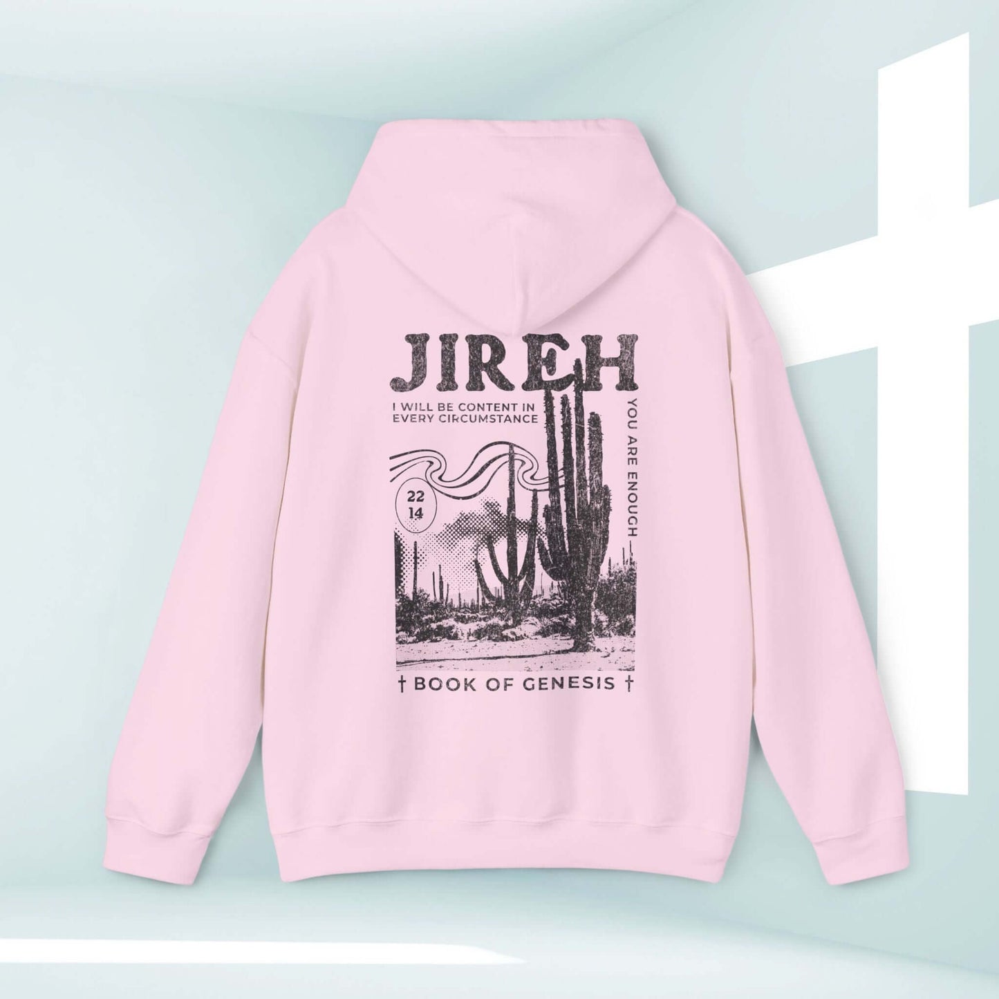 Pink Christian hoodie with "Jireh" text and cactus design from the Book of Genesis, faith-based boho hooded sweatshirt.