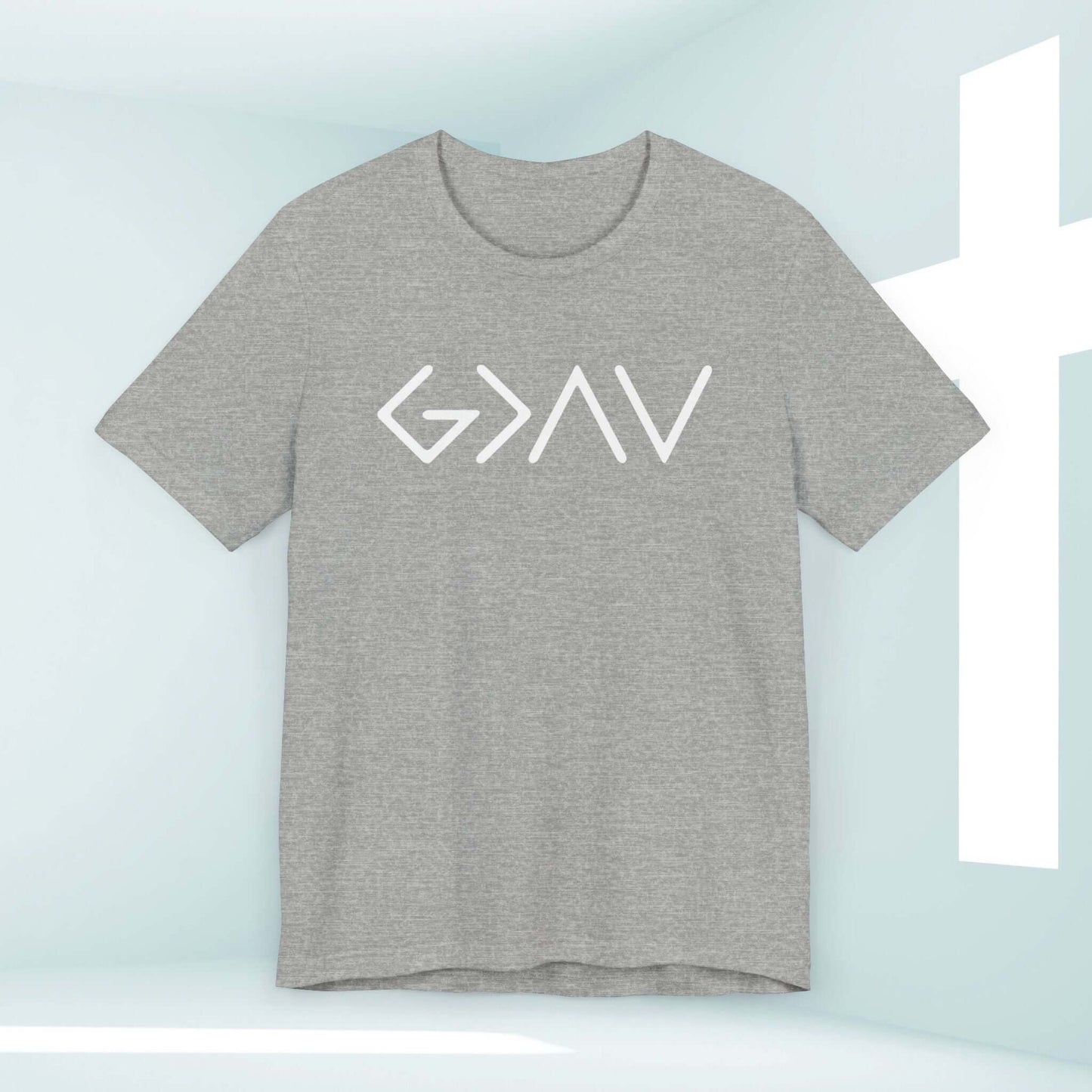 God Is Greater Than The Highs And The Lows grey t-shirt with white design, Christian apparel for women, faith-based religious clothing.