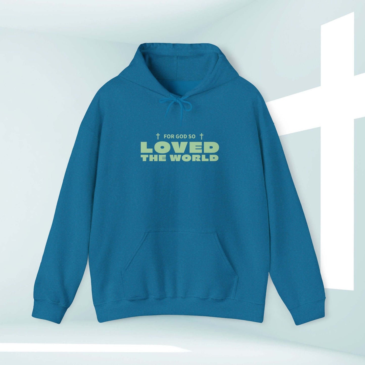 Trendy Christian sweatshirt reading 'For God So Loved The World', John 3:16 hoodie in blue, faith-based apparel for warmth and comfort