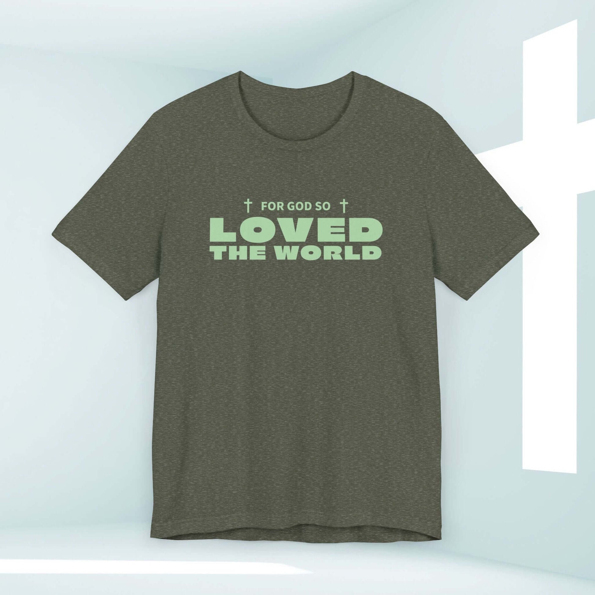 "John 3:16 For God So Loved T-Shirt with Bible Verse in stylish green, Christian apparel perfect for spreading faith and love"