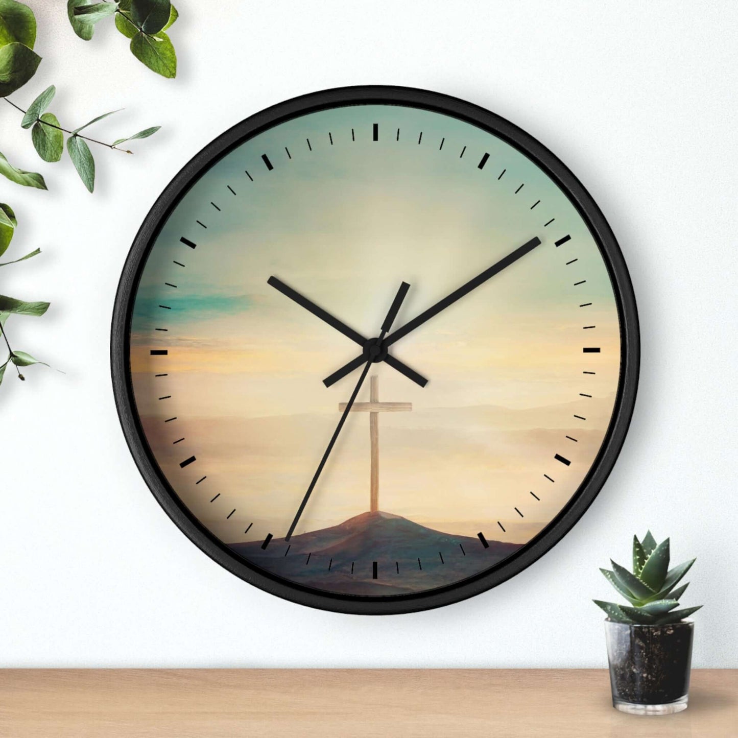 Sky Christian cross wall clock with Psalm 19:1, wooden frame, silent clock mechanism, perfect for Christian décor and inspirational gifts.