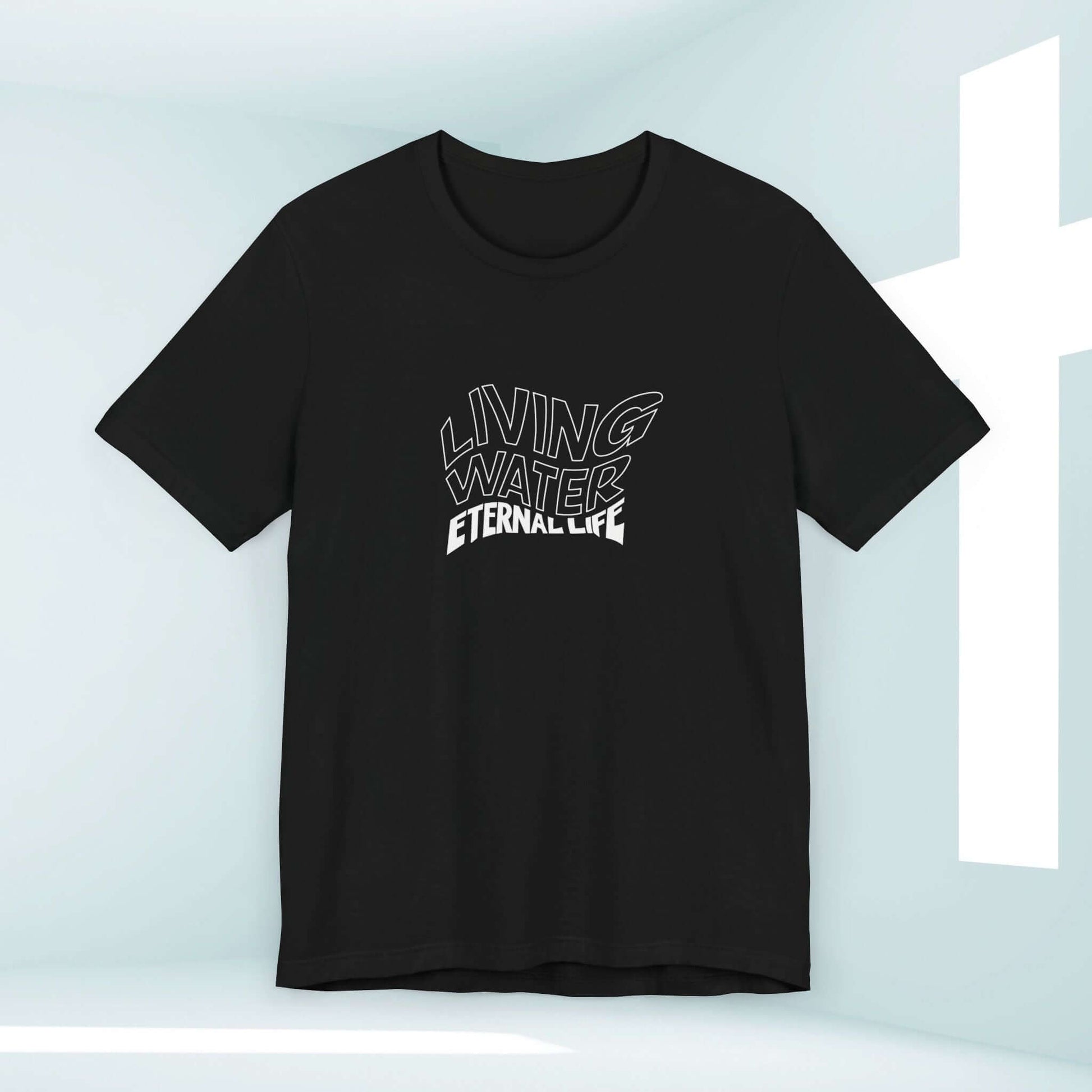 Black Living Water Eternal Life Christian T-Shirt with front graphic in a modern design, faith-based apparel for believers.