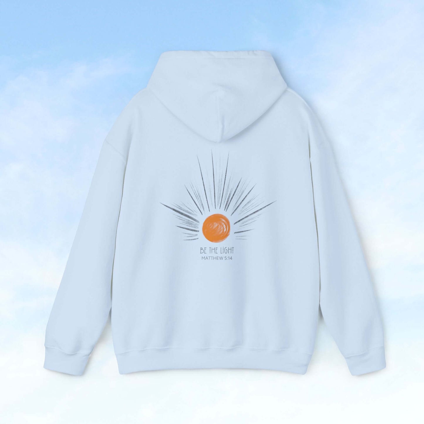 Back view of Be The Light Sunburst hoodie with sun ray graphic, Christian apparel, faith-based sweatshirt, Christian gift for women