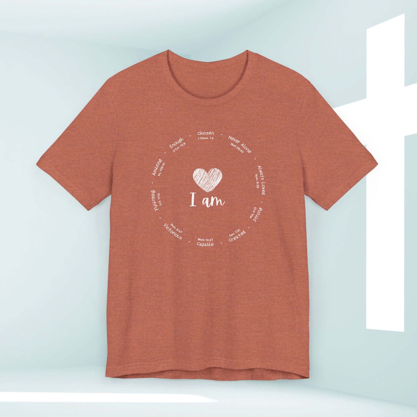 I Am Inspiration Shirt Bible Verse Women's Christian Tees in rust color featuring uplifting messages like 'I Am Amazing' and 'I Am Loved'