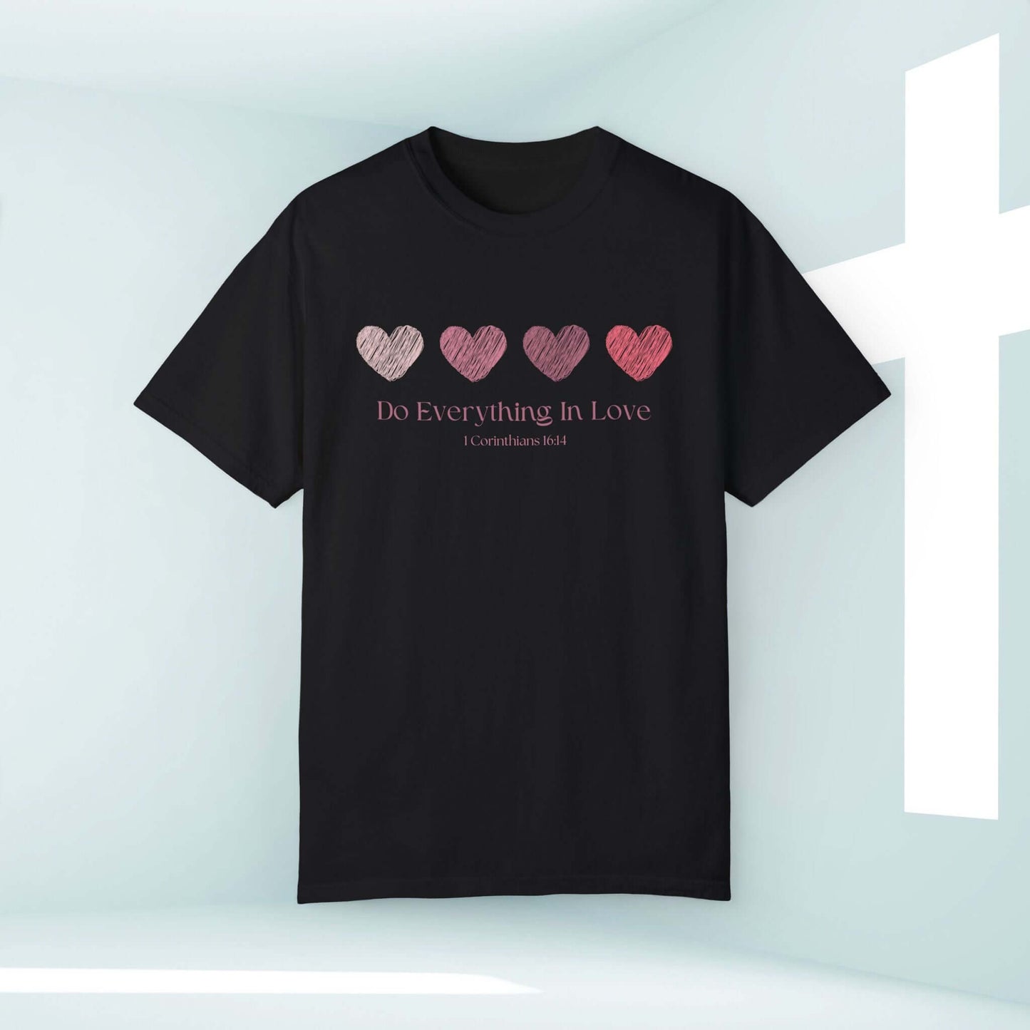 Christian love heart wedding t-shirt with "Do Everything In Love" design, perfect for Valentines Day, weddings, and Christian engagements.