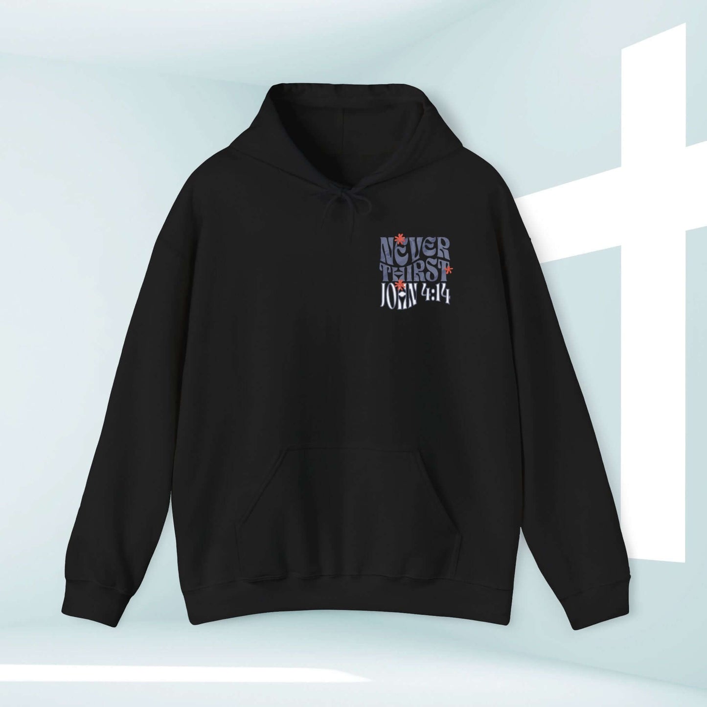 Black Living Water Never Thirst Christian Hoodie with Bible Verse John 4:14, featuring a kangaroo pocket and drawstring hood.