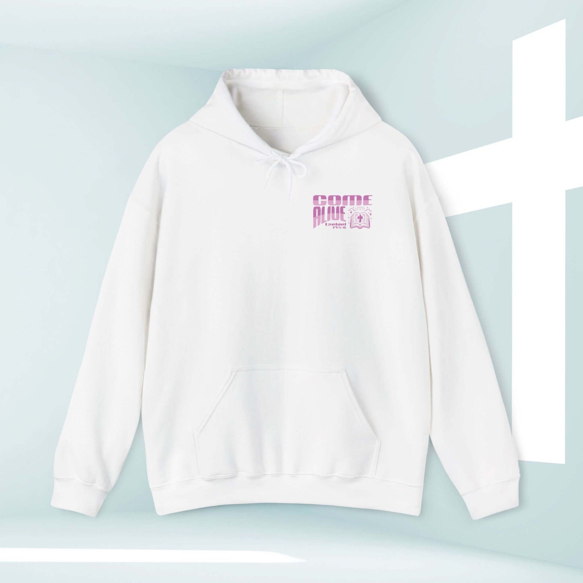 White Christian hoodie with "Come Alive" faith-based graphic and Bible verse for inspirational Christian streetwear.