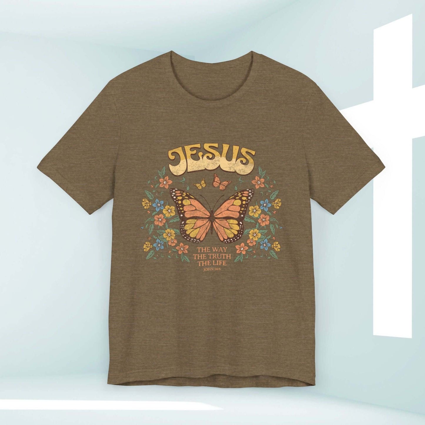 Jesus The Way The Truth The Life butterfly Christian t-shirt, inspirational tee with butterfly and floral design, faith-based apparel.