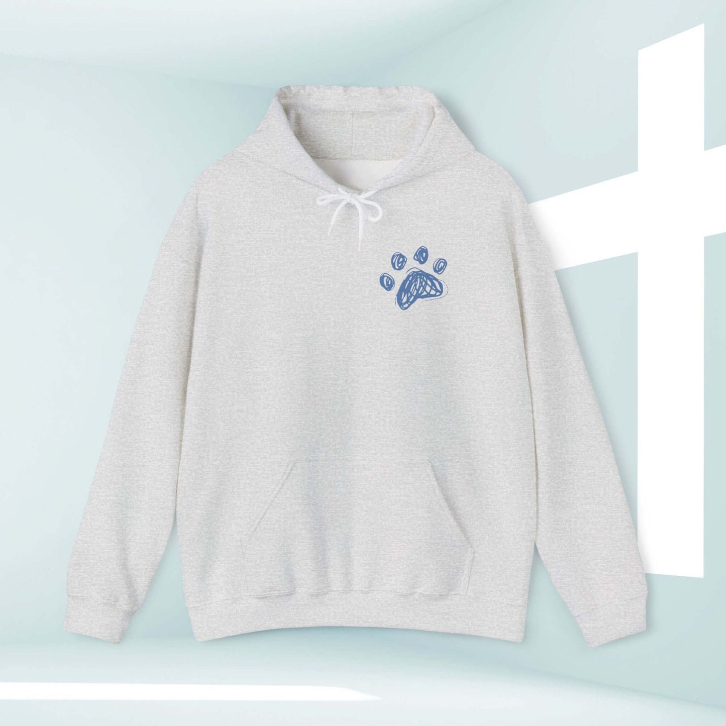 I Pray With My Dog Christian hoodie for dog lovers with paw print graphic, religious hoodie with cross background, perfect dog lover gift